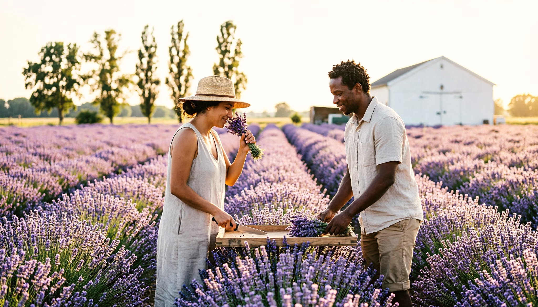 Twee vrienden knippen bossen lavendel op een kleine lavendelkwekerij in Nederland, op een zomerochtend