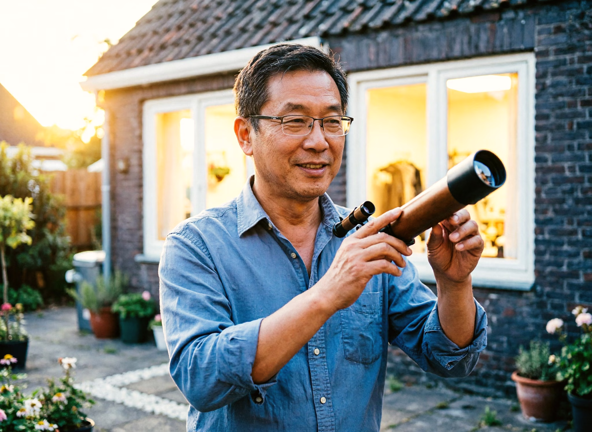 A man in his early fifties sets up a small telescope on his patio at dusk