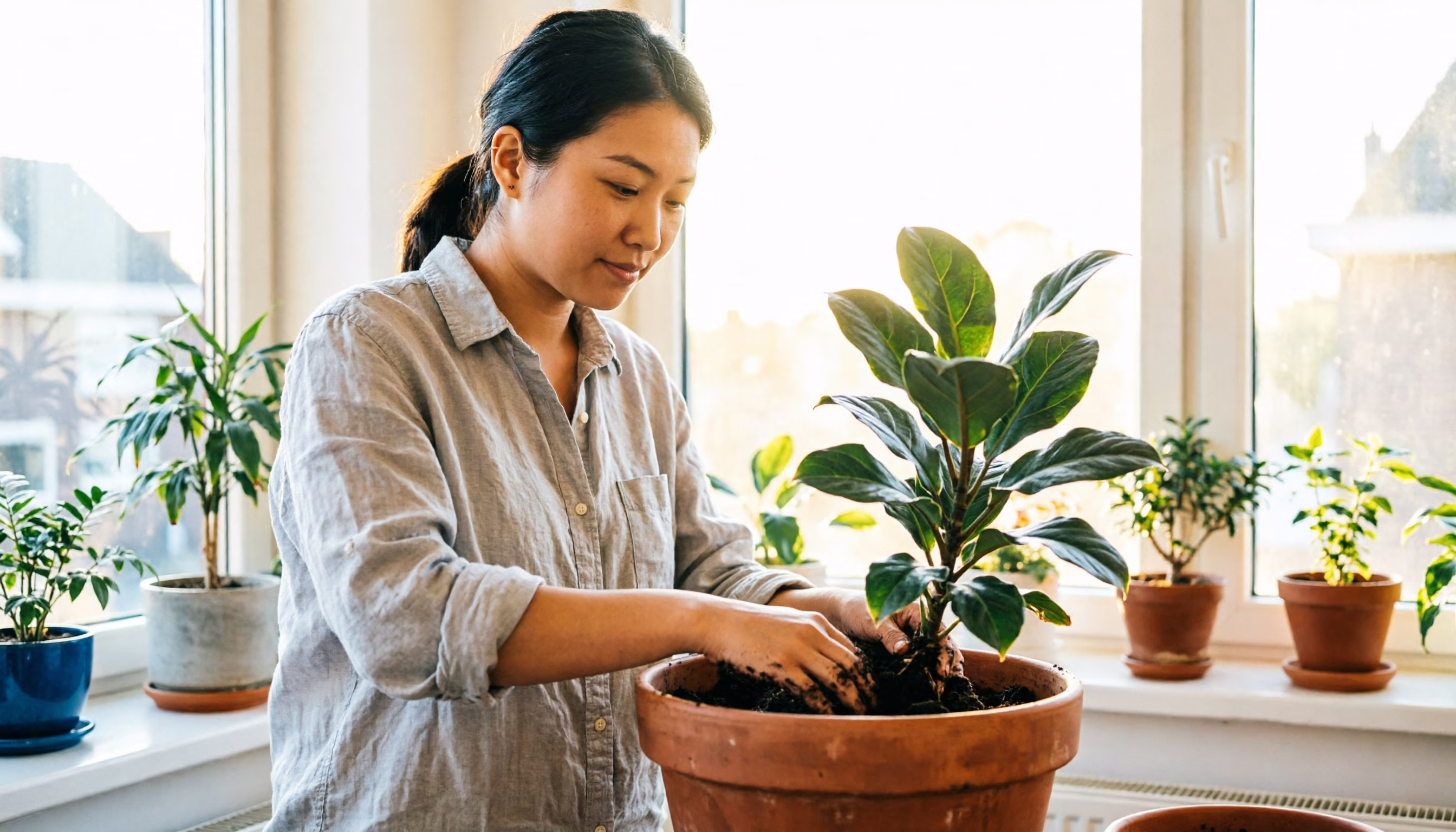 A young homeowner repots a leafy houseplant at a sunny windowsill