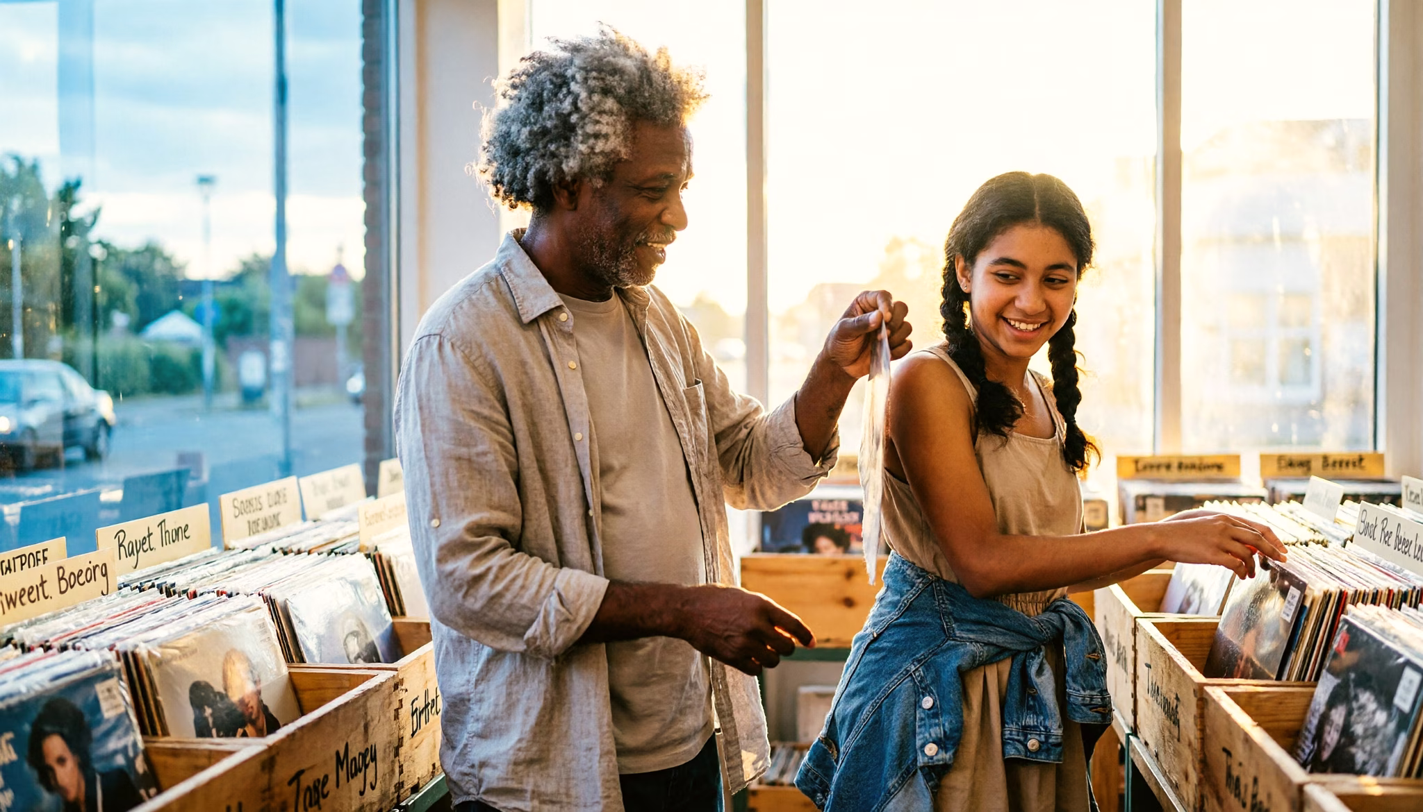 A grandfather and his granddaughter flip through the crates in a second-hand record shop on a summer evening