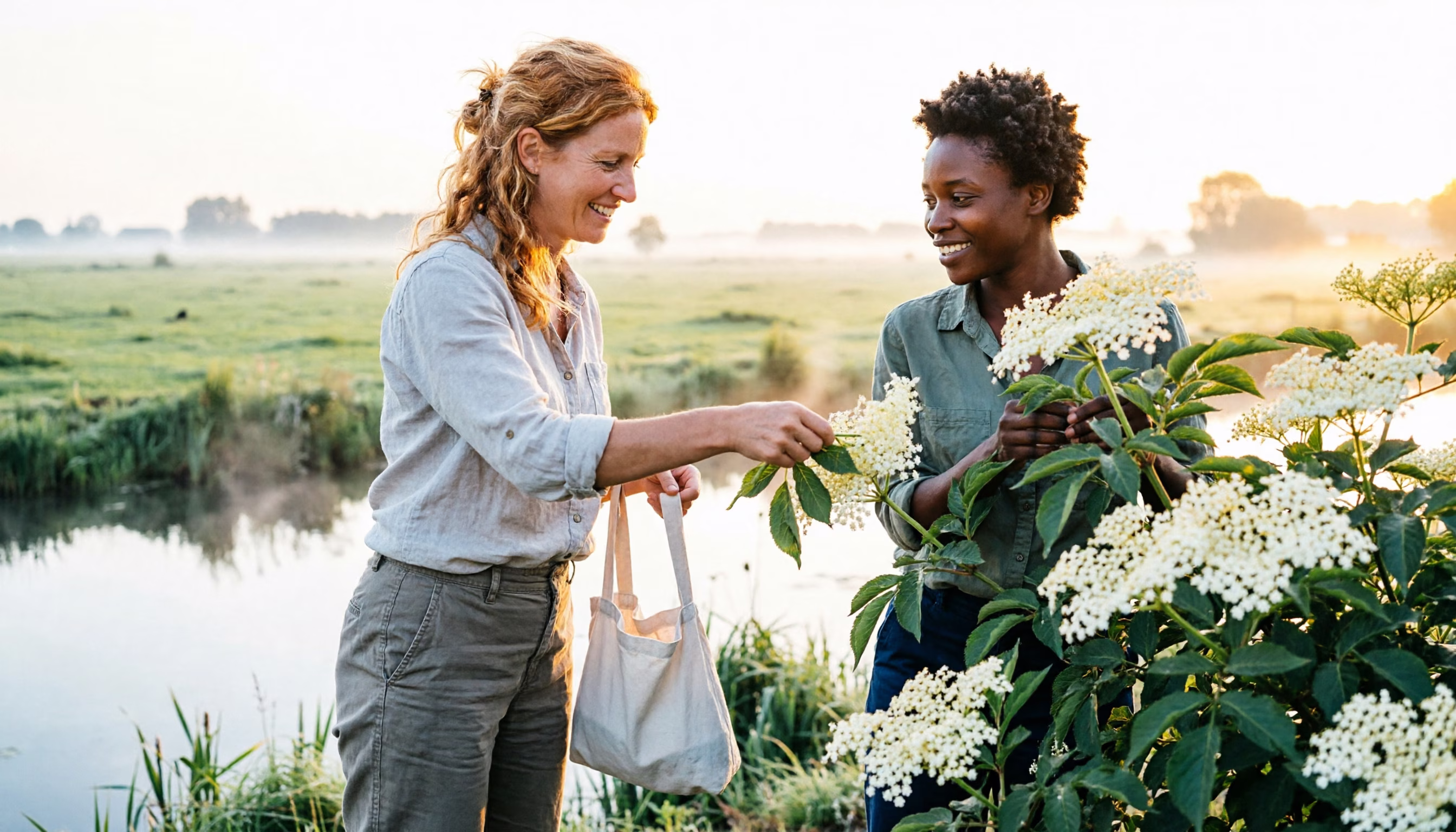 Two friends picking elderflowers along a Dutch polder ditch at first light in summer