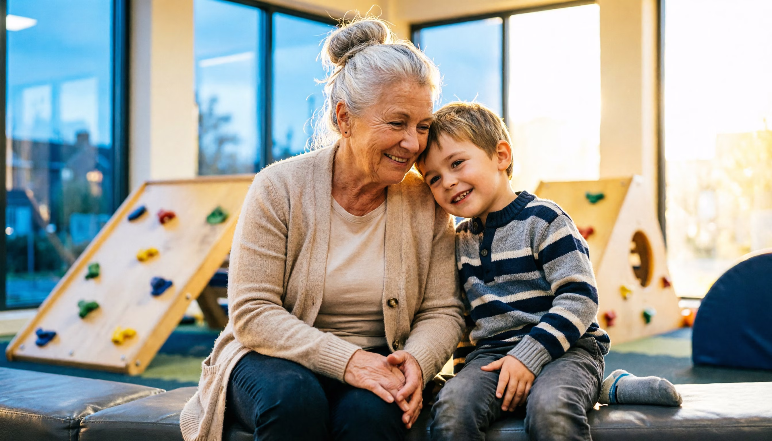 A grandmother and her grandson catching their breath in a Dutch indoor playground on an autumn evening
