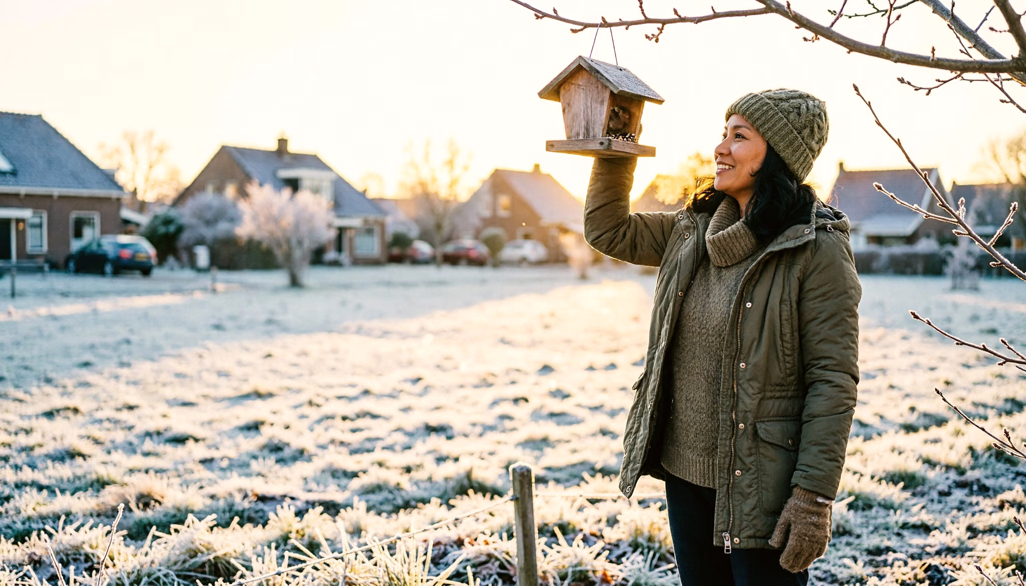 Een vrouw vult een voederhuisje bij in een berm vol rijp, in het lage winterzonlicht.