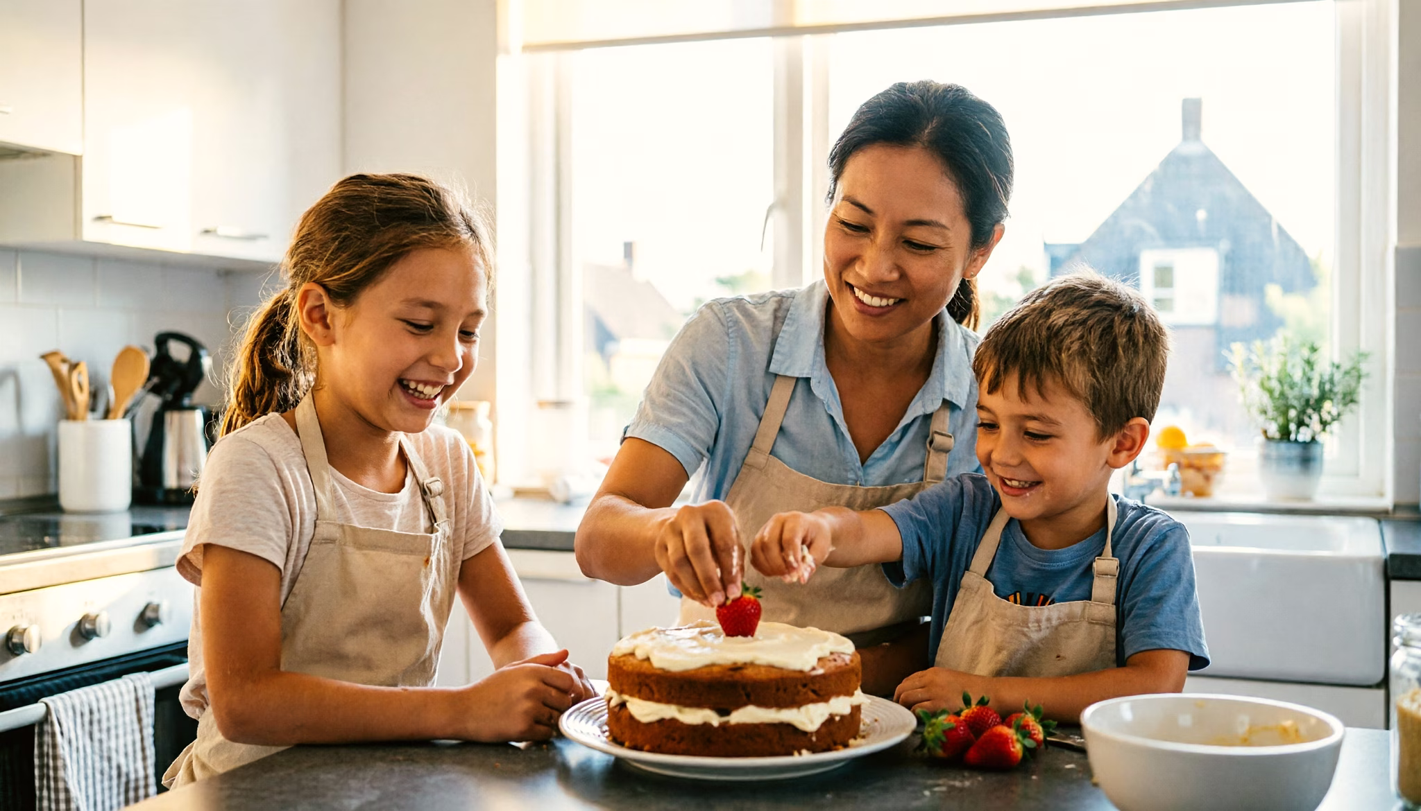 Een moeder versiert samen met haar twee kinderen een zelfgemaakte taart in de keuken