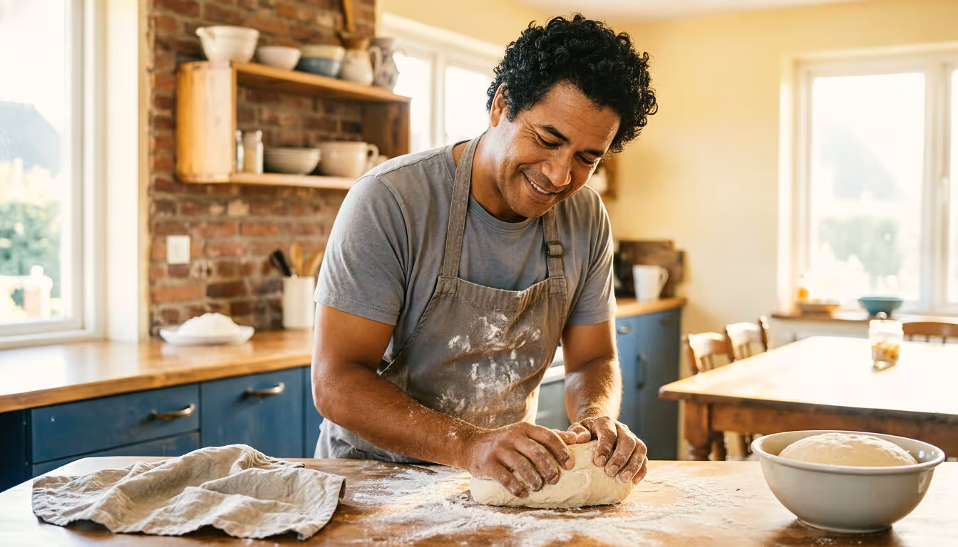 A man in his forties kneads dough on a flour-dusted counter in a warm Dutch kitchen
