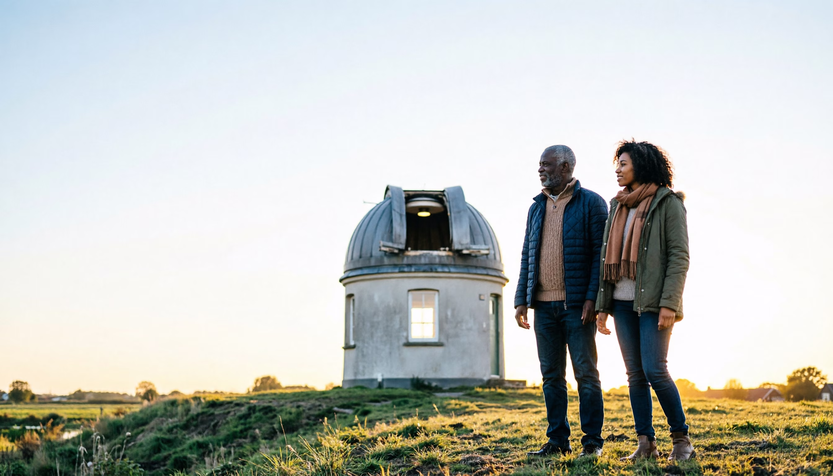 A man in his mid fifties and his adult daughter on the grass beside a small village observatory as its dome stands open at dusk