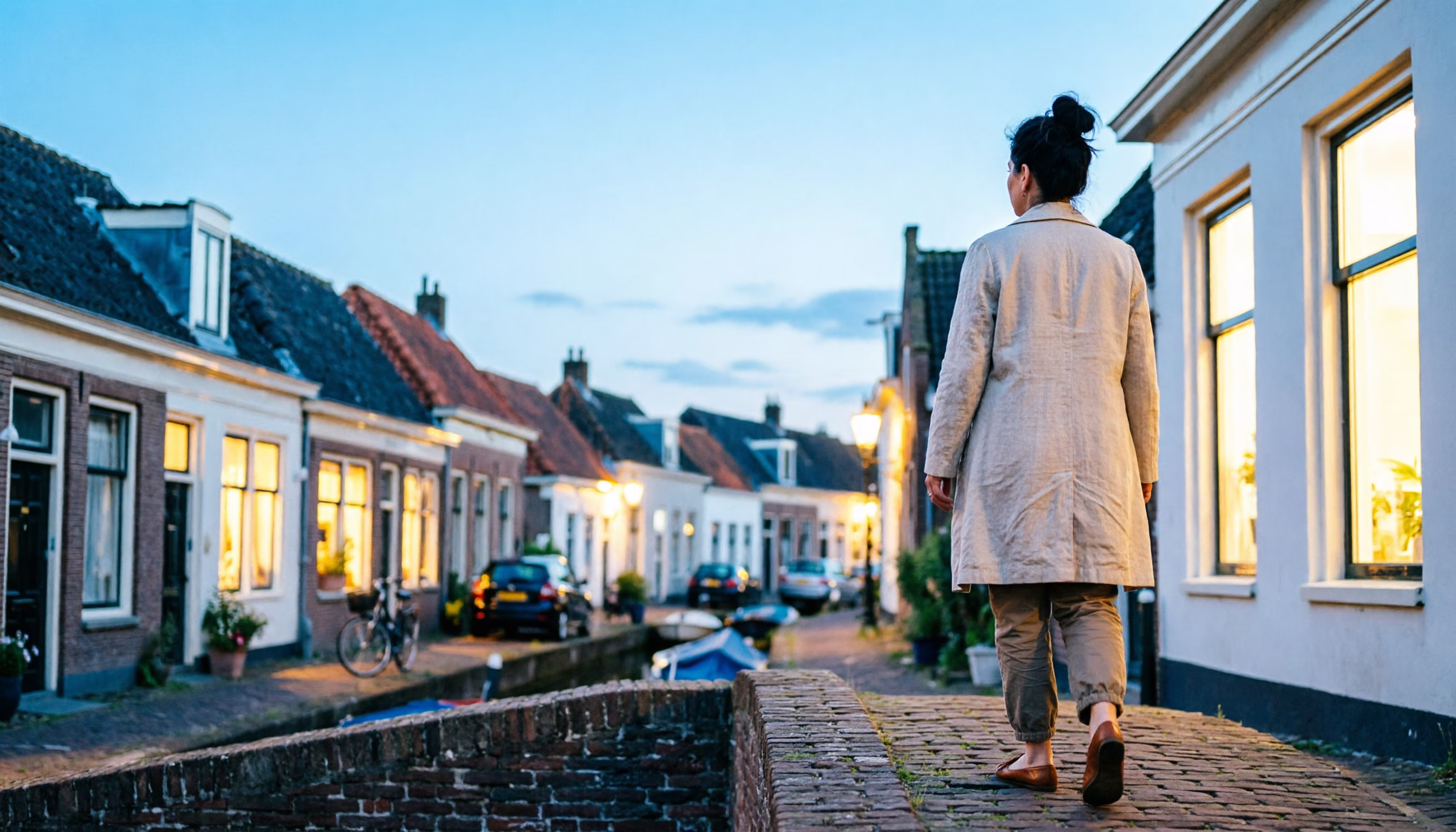 Business liability insurance in the Netherlands: a business owner walking home over a canal bridge at dusk