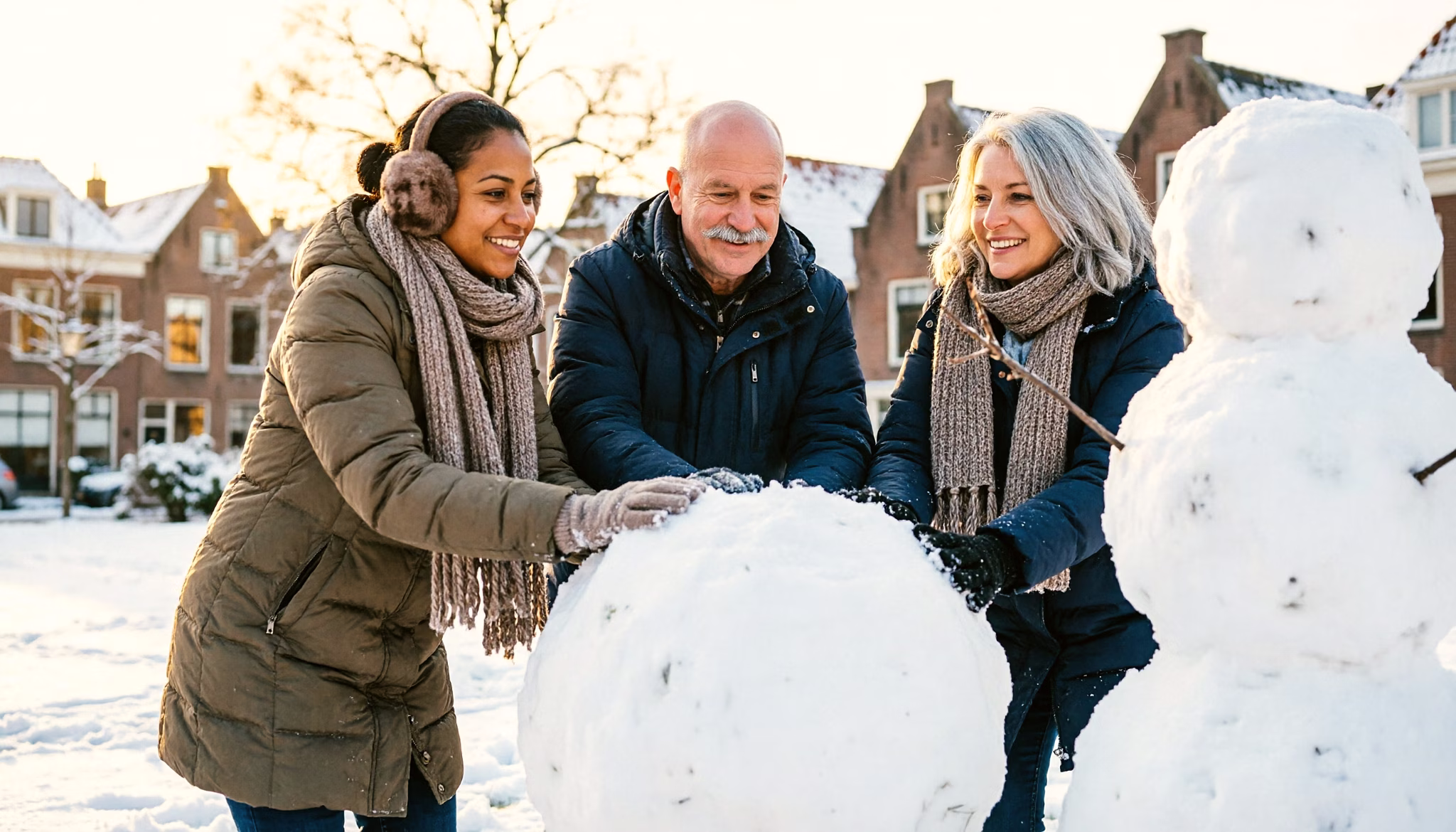 Drie vrienden bouwen een sneeuwpop in een klein stadspark onder een grijze winterlucht