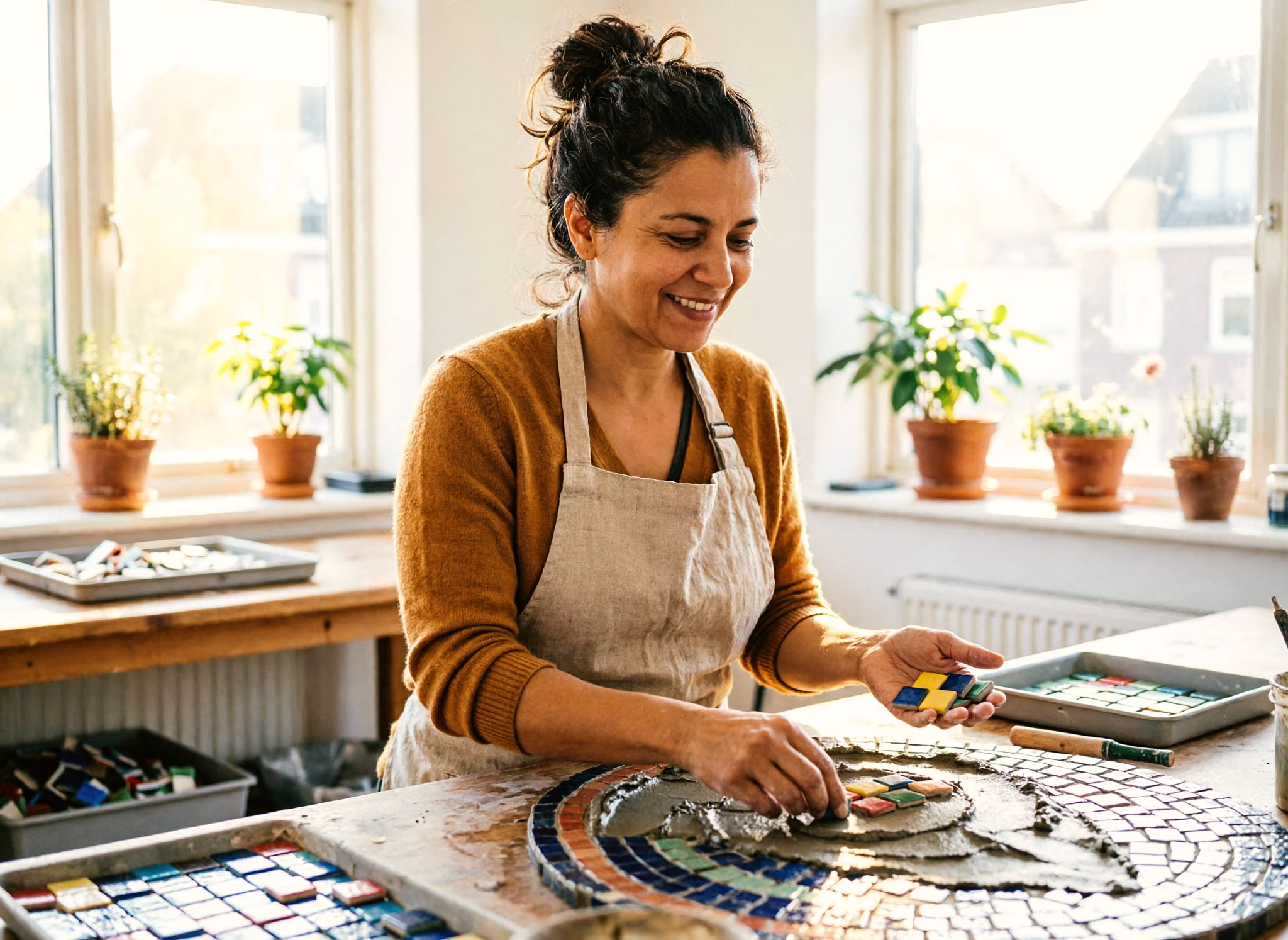 Een vrouw van in de veertig legt gekleurde tegels in een mozaïek-tafelblad aan een zonovergoten werktafel in haar thuisatelier.