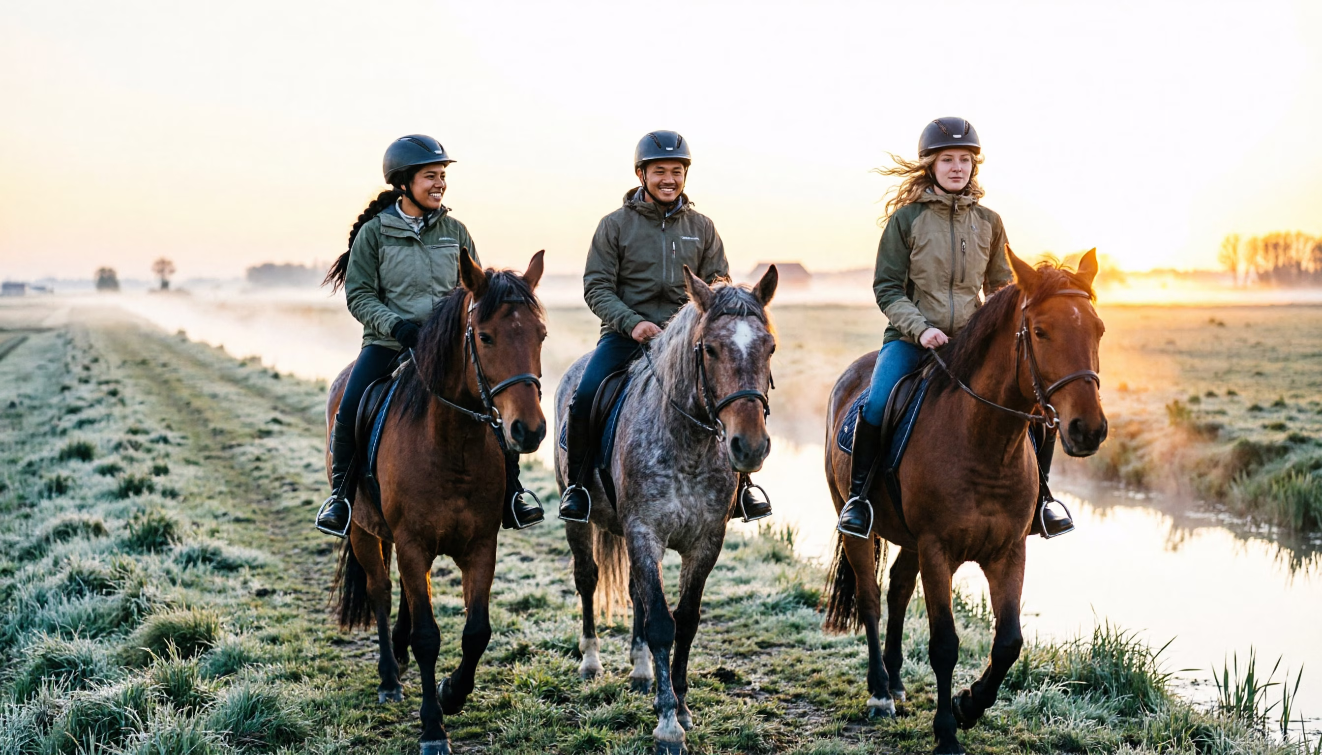 Drie vrienden rijden bij het eerste licht te paard langs een mistige poldersloot