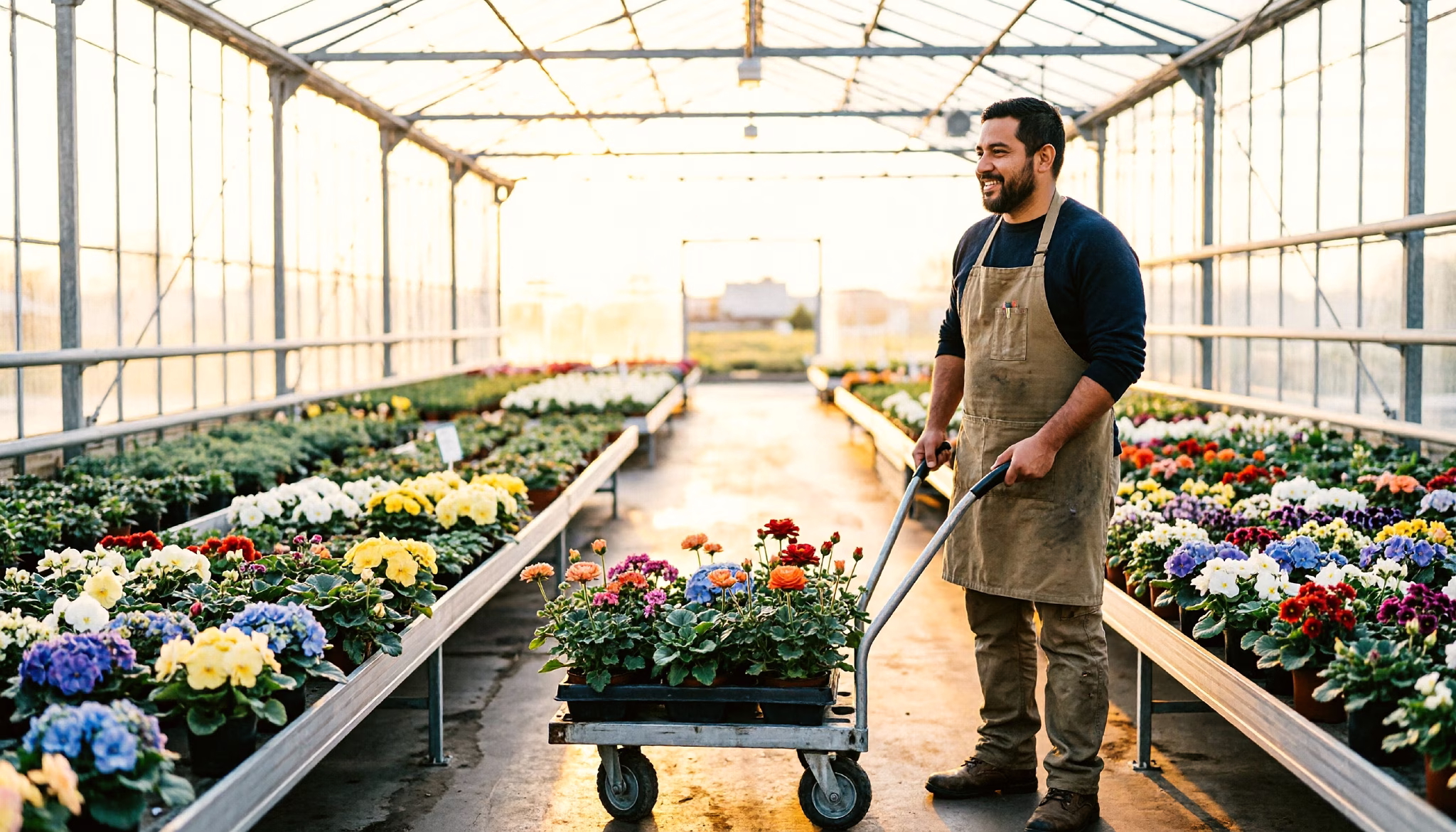 Een kweker duwt een kar met bloeiende planten door een gang in zijn kas bij het eerste licht