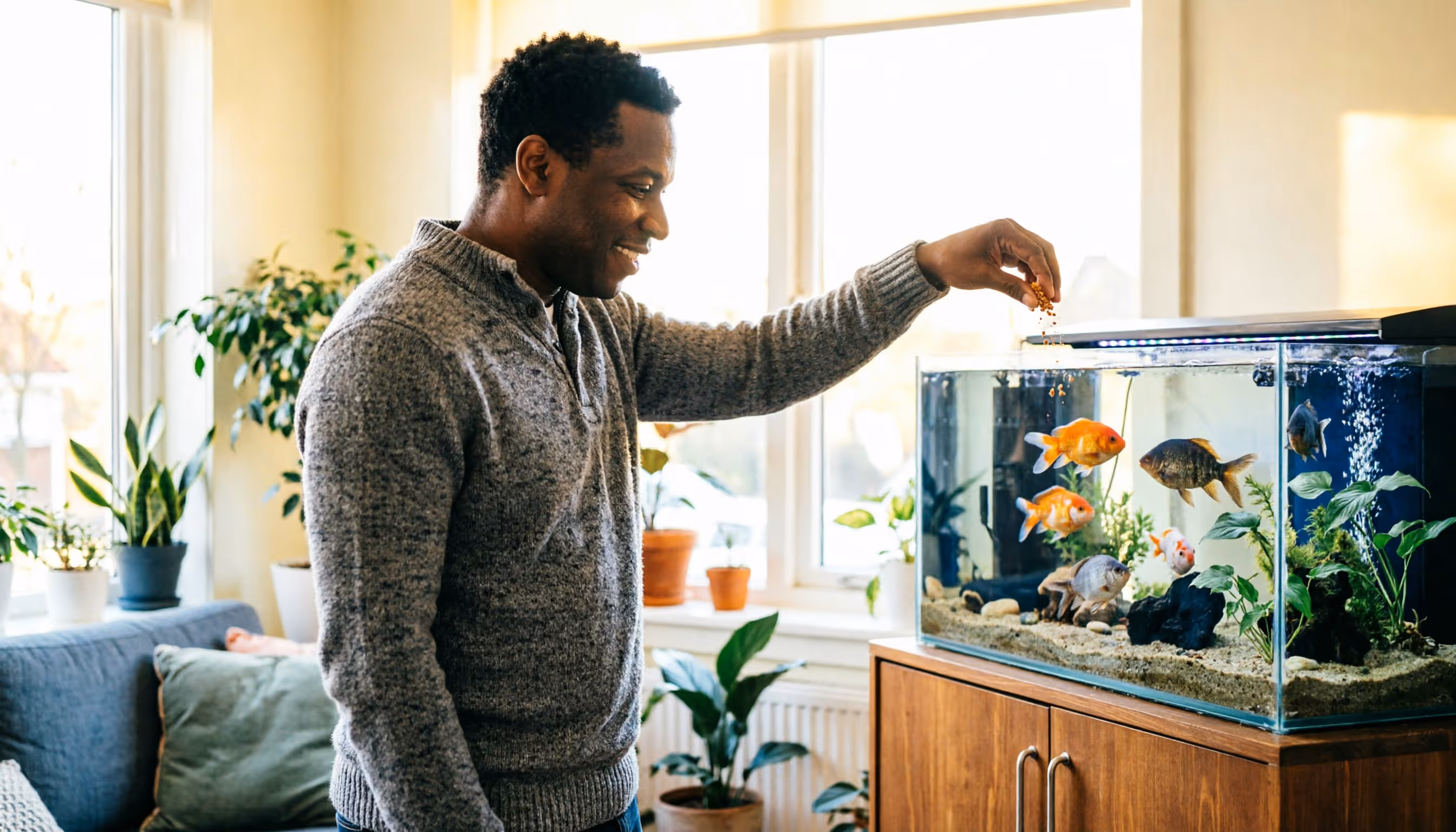 A man in his early forties feeds the fish in a home aquarium in a sunlit Dutch living room