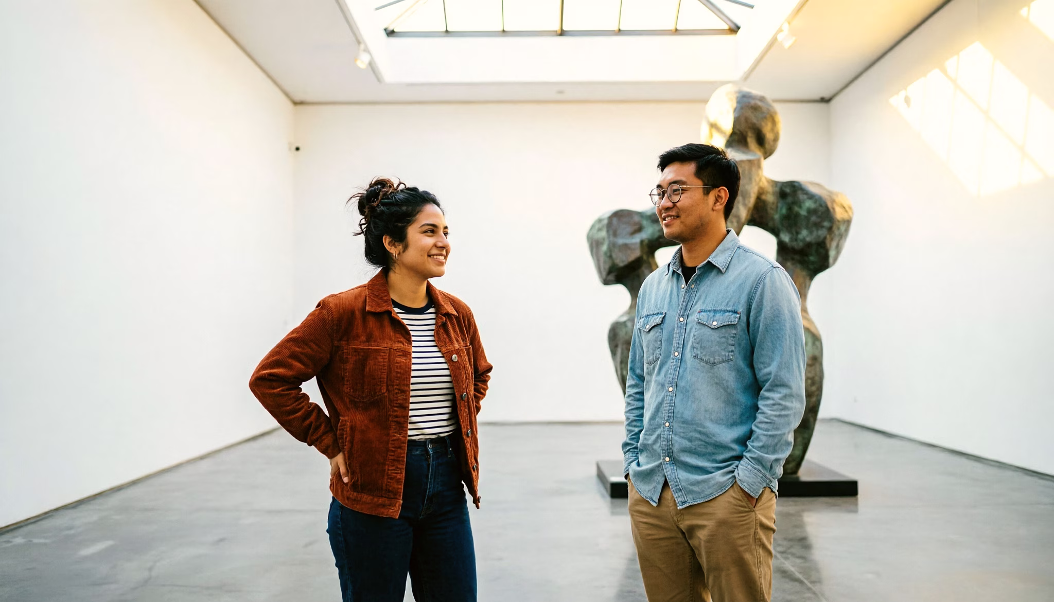 Two friends stand before a large sculpture in a bright museum gallery