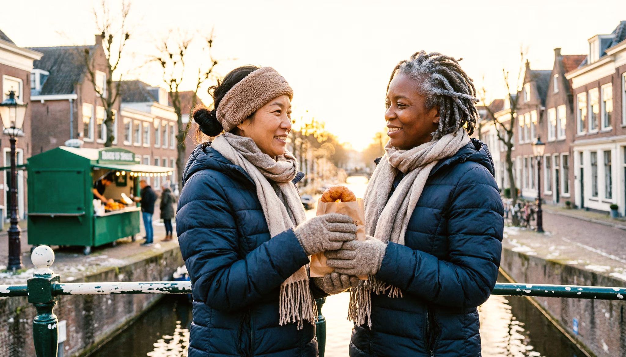 Two friends share a bag of oliebollen on a canal bridge in a Dutch town on an overcast winter day