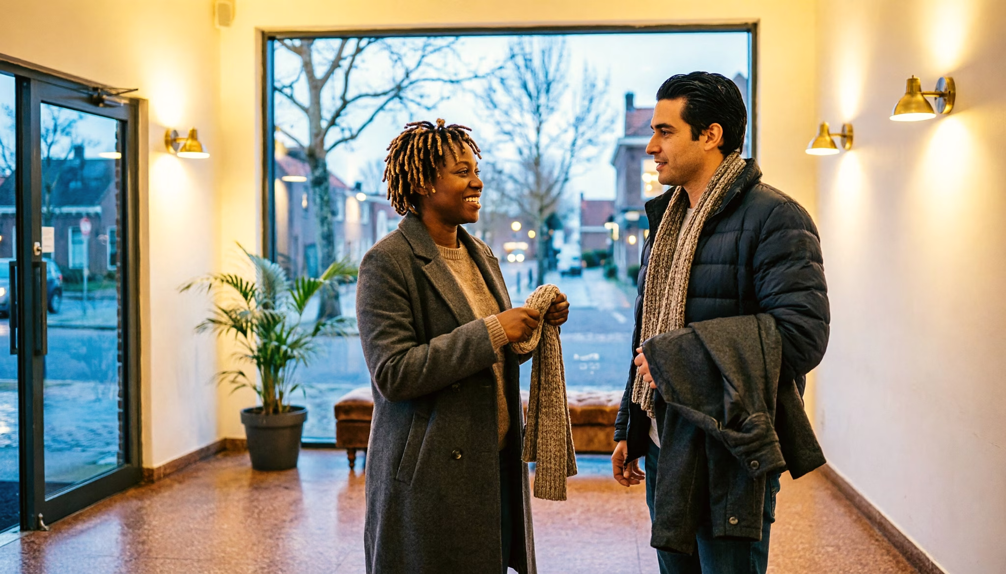 Two friends stand talking in the warm foyer of a neighbourhood cinema on a winter evening