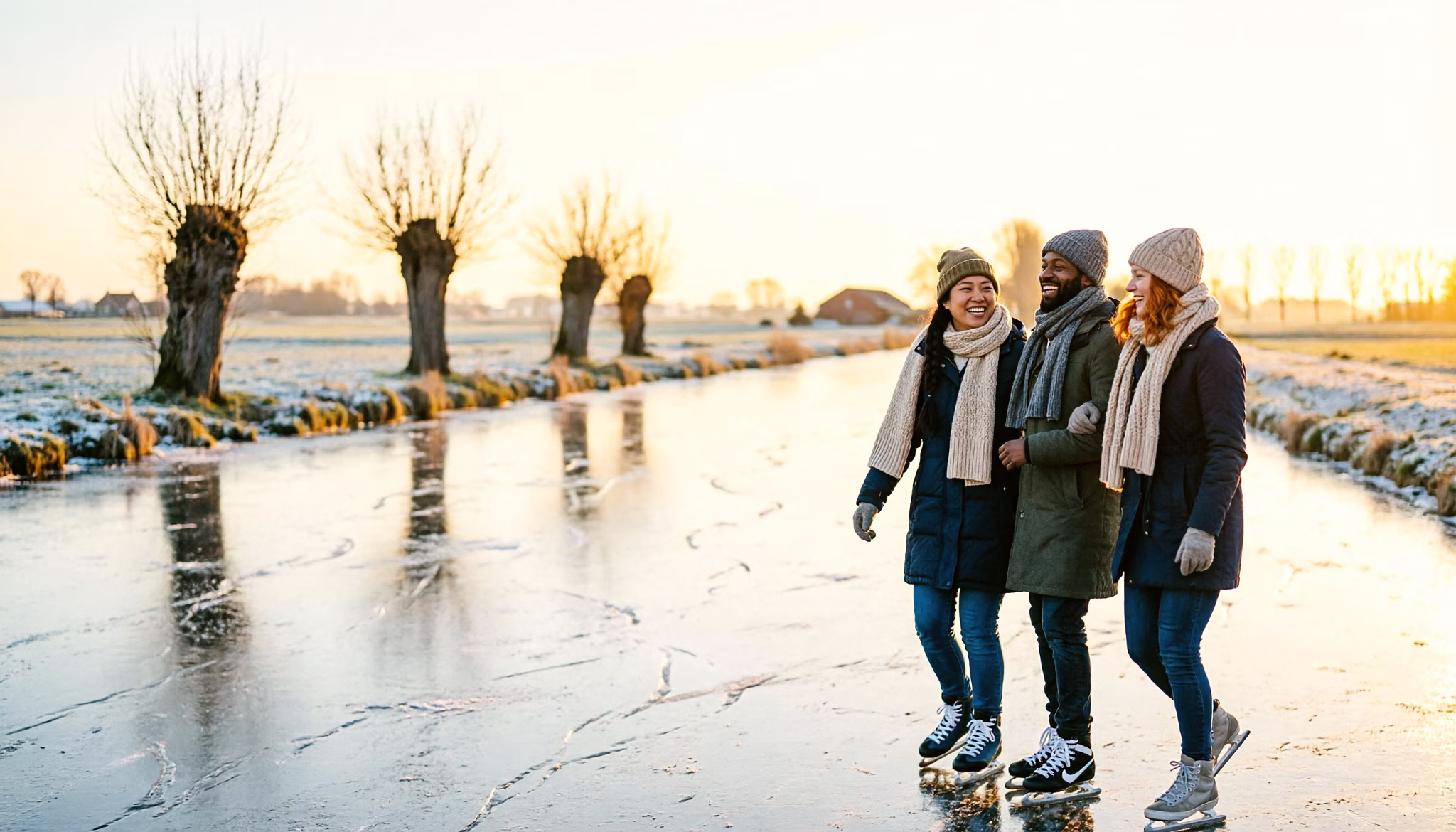 Drie vrienden schaatsen naast elkaar op natuurijs op een bevroren Nederlandse vaart, op een heldere winterse middag