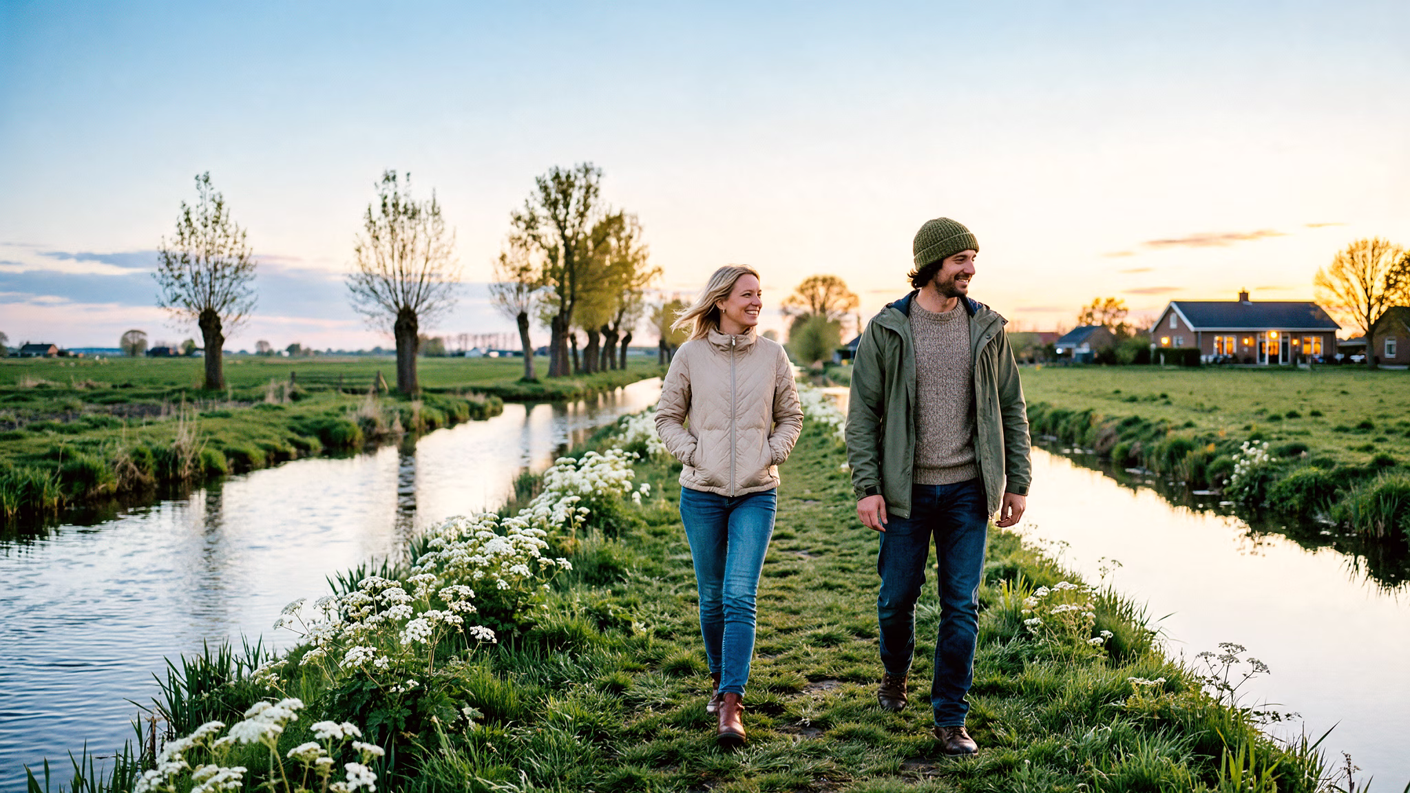 Twee mensen lopen in de schemering van een stille lenteavond over een graspad tussen twee poldersloten