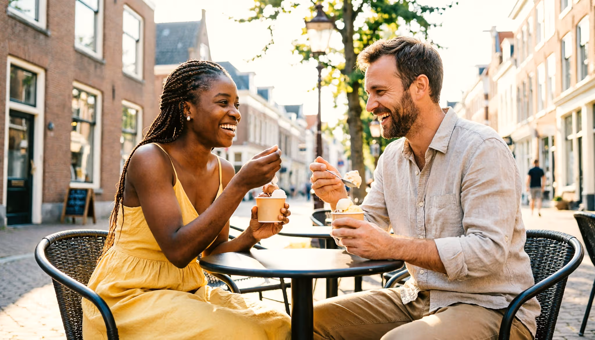 A couple share an ice cream on an outdoor terrace in a Dutch city