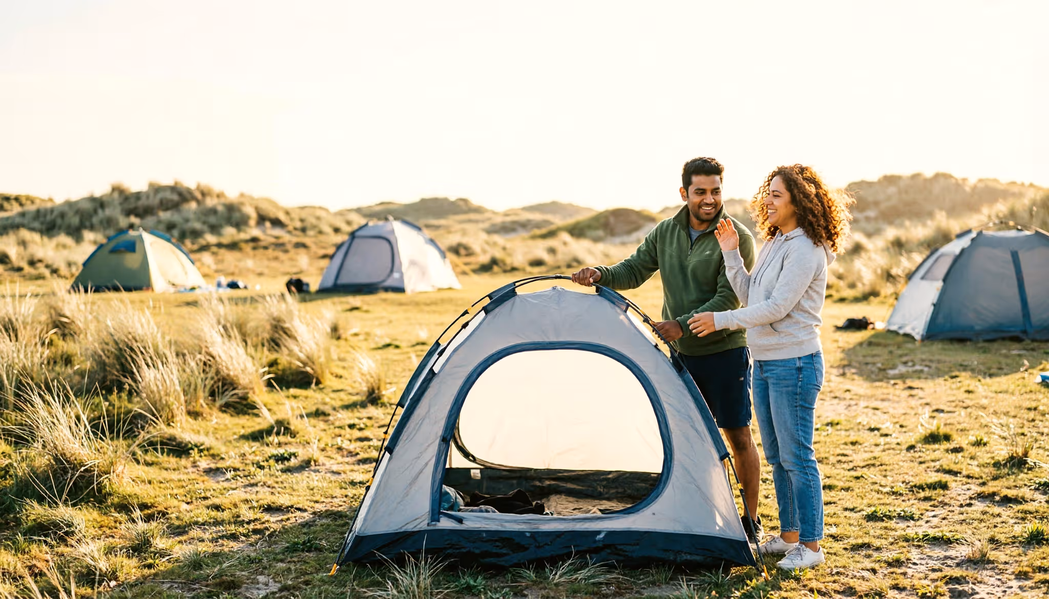 A couple pitch a tent together at a sunny Dutch dune campsite