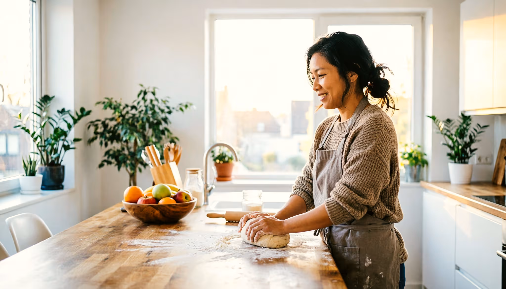 Een jonge vrouw kneedt brooddeeg in een zonnige Nederlandse appartementkeuken