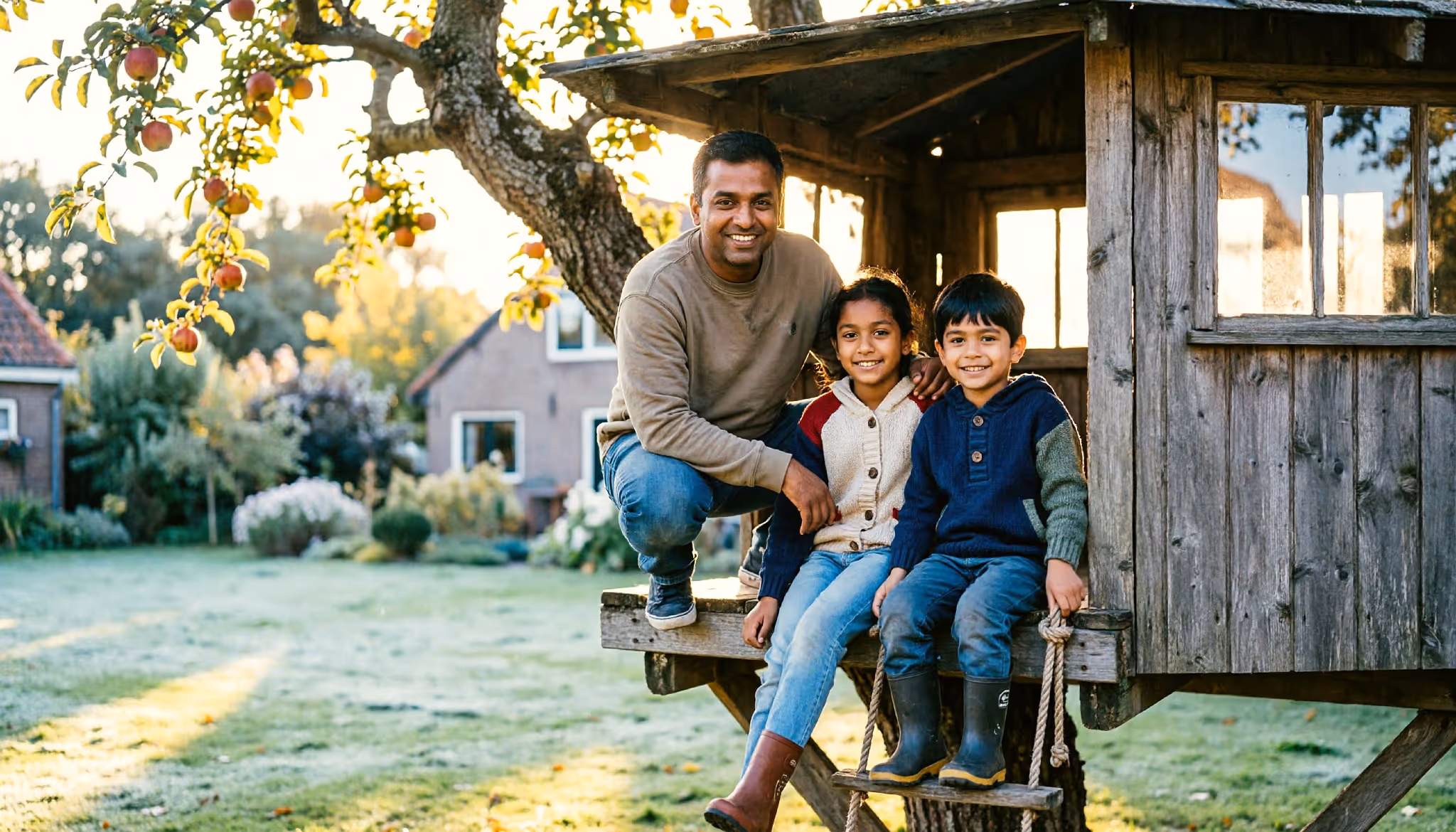 Een vader en zijn twee kinderen zitten samen in een boomhut die te klein voor ze is geworden