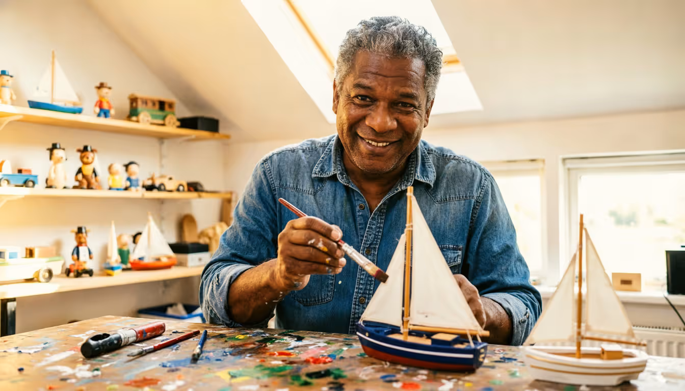 A toymaker paints bright wooden toy sailboats in his attic studio, an order for a shop across the border