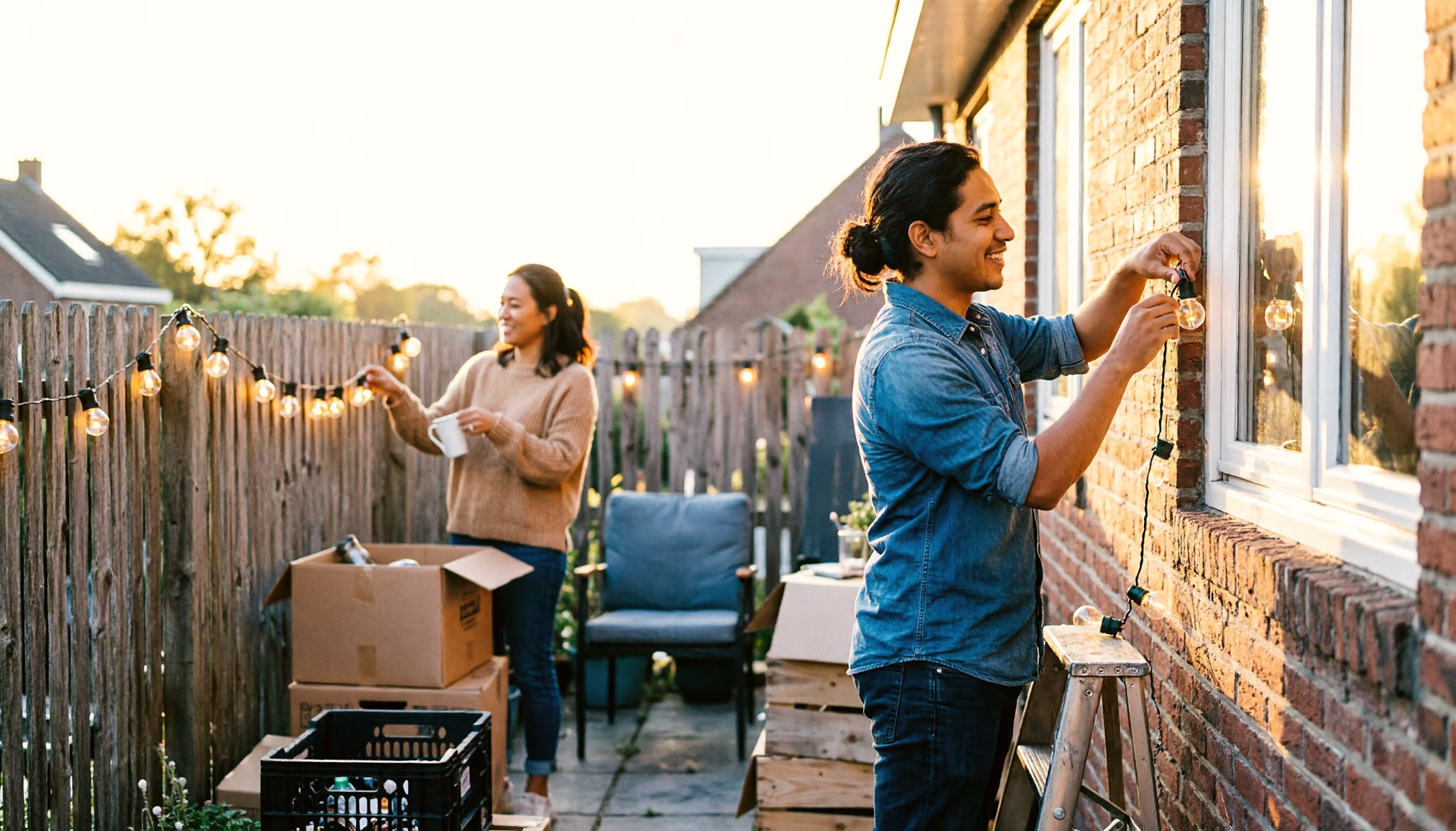A couple hang festoon lights across the back terrace of their new Dutch home at golden hour