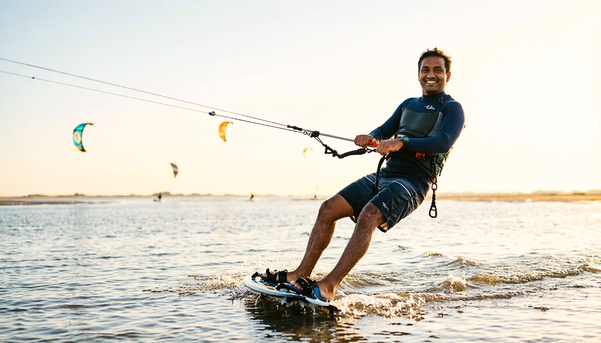A self-employed professional kitesurfs across shallow water on a wide Dutch beach on a weekday morning