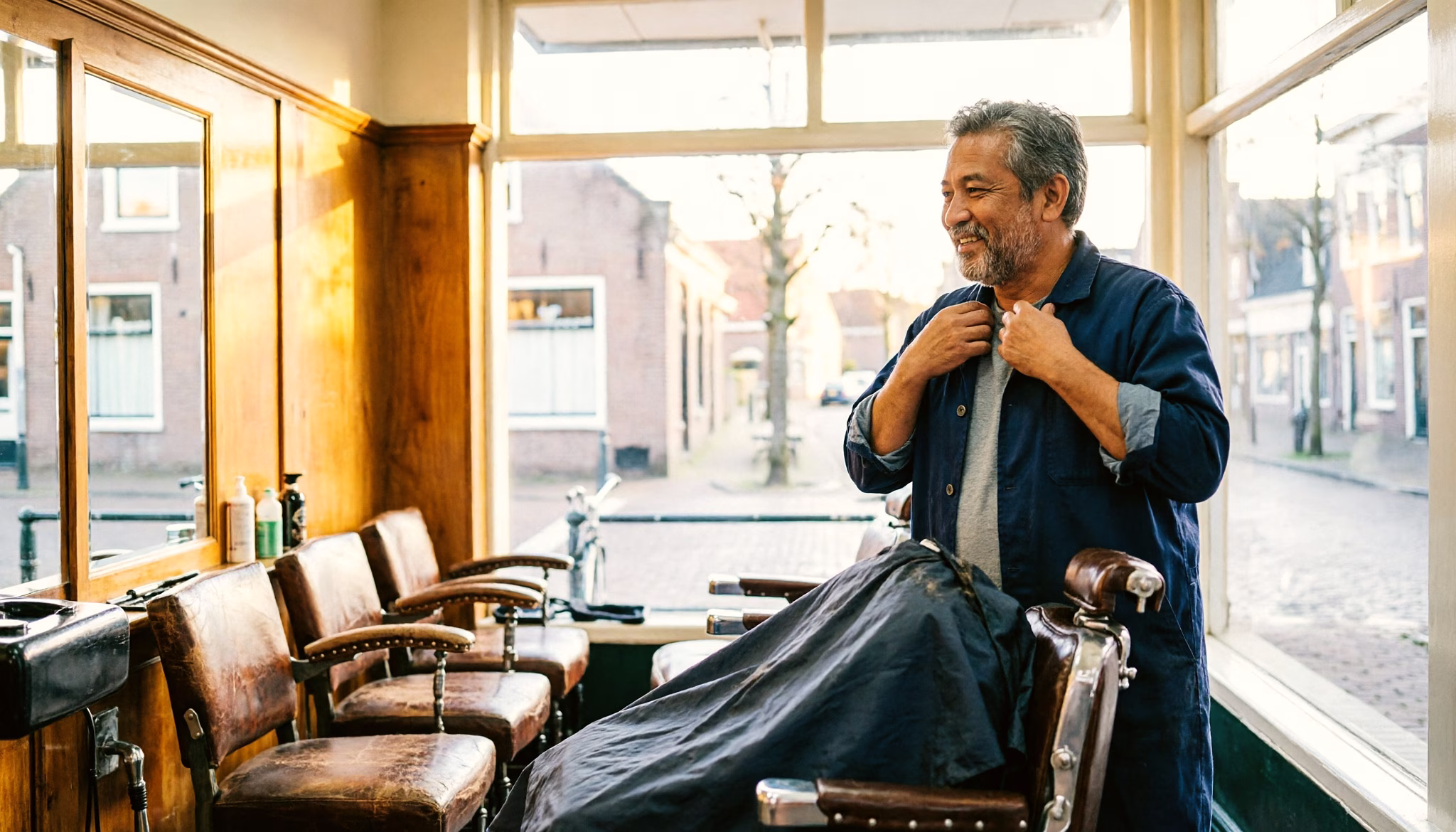 Een man van begin vijftig staat op uit de stoel van een kleine Nederlandse kapperszaak terwijl de kapper de kapmantel uitschudt