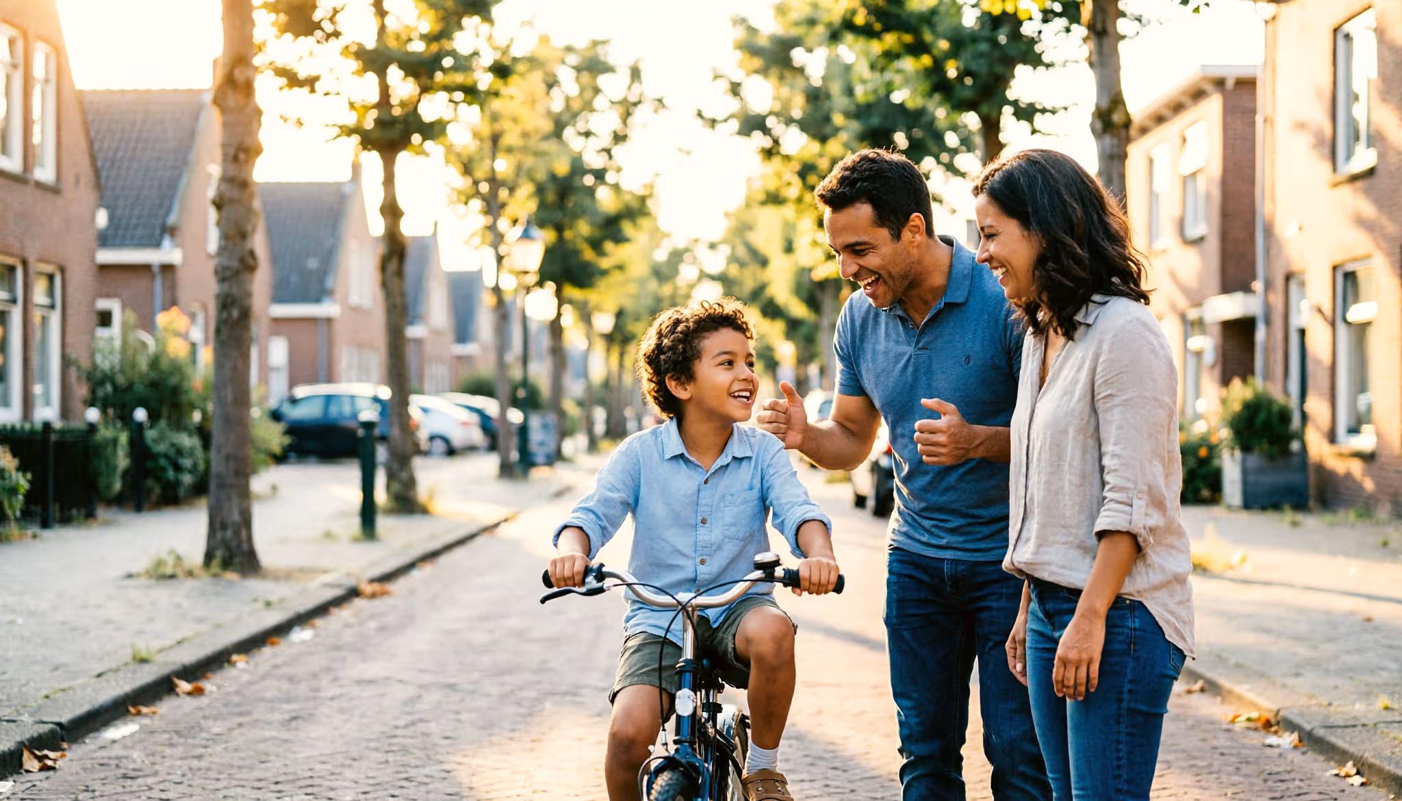 Gezin met twee jonge kinderen om de beurt op een skelter in een Nederlandse speelstraat