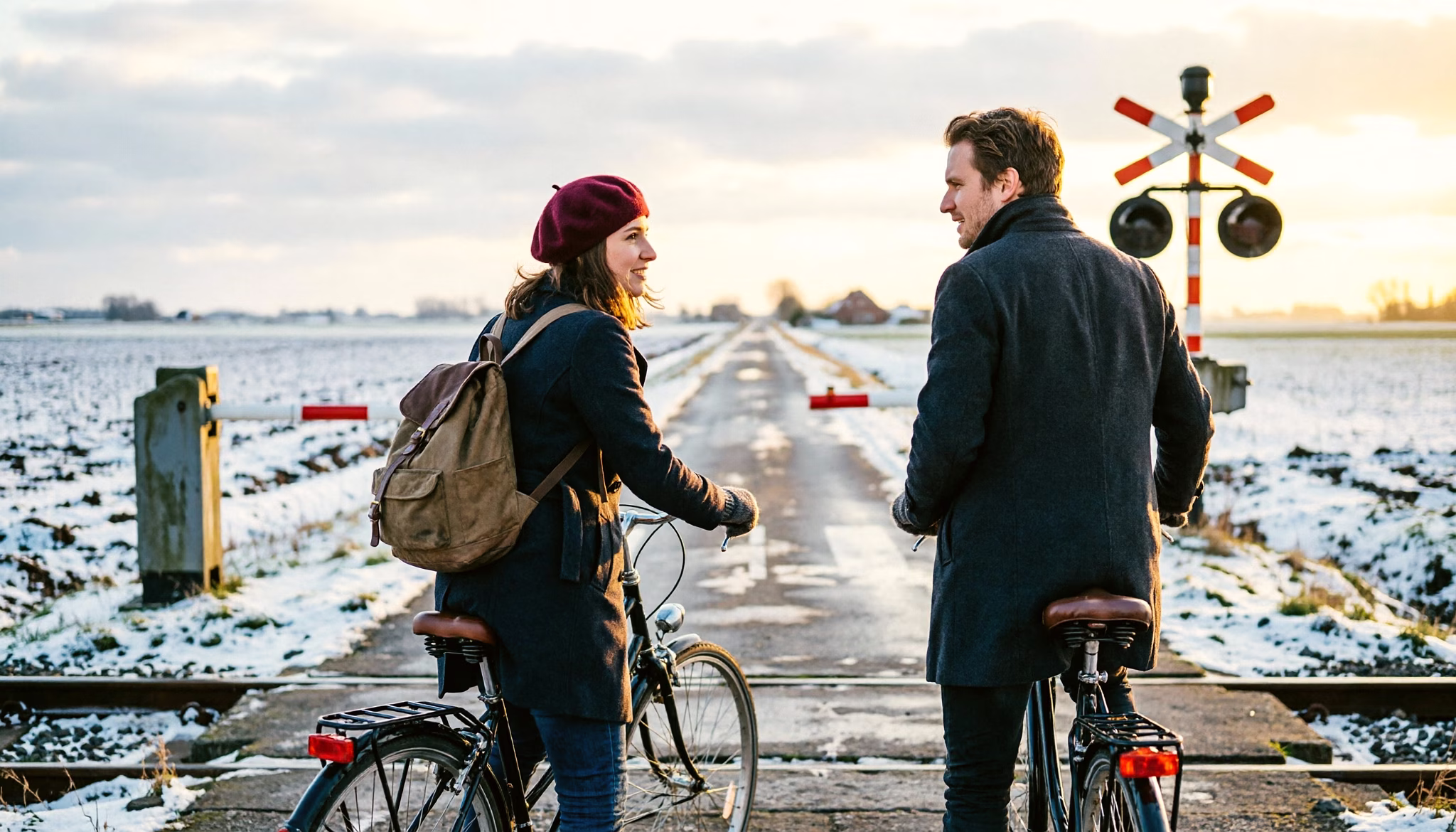 Twee vrienden steken met hun fietsen een landelijke spoorwegovergang over op een grauwe winterochtend