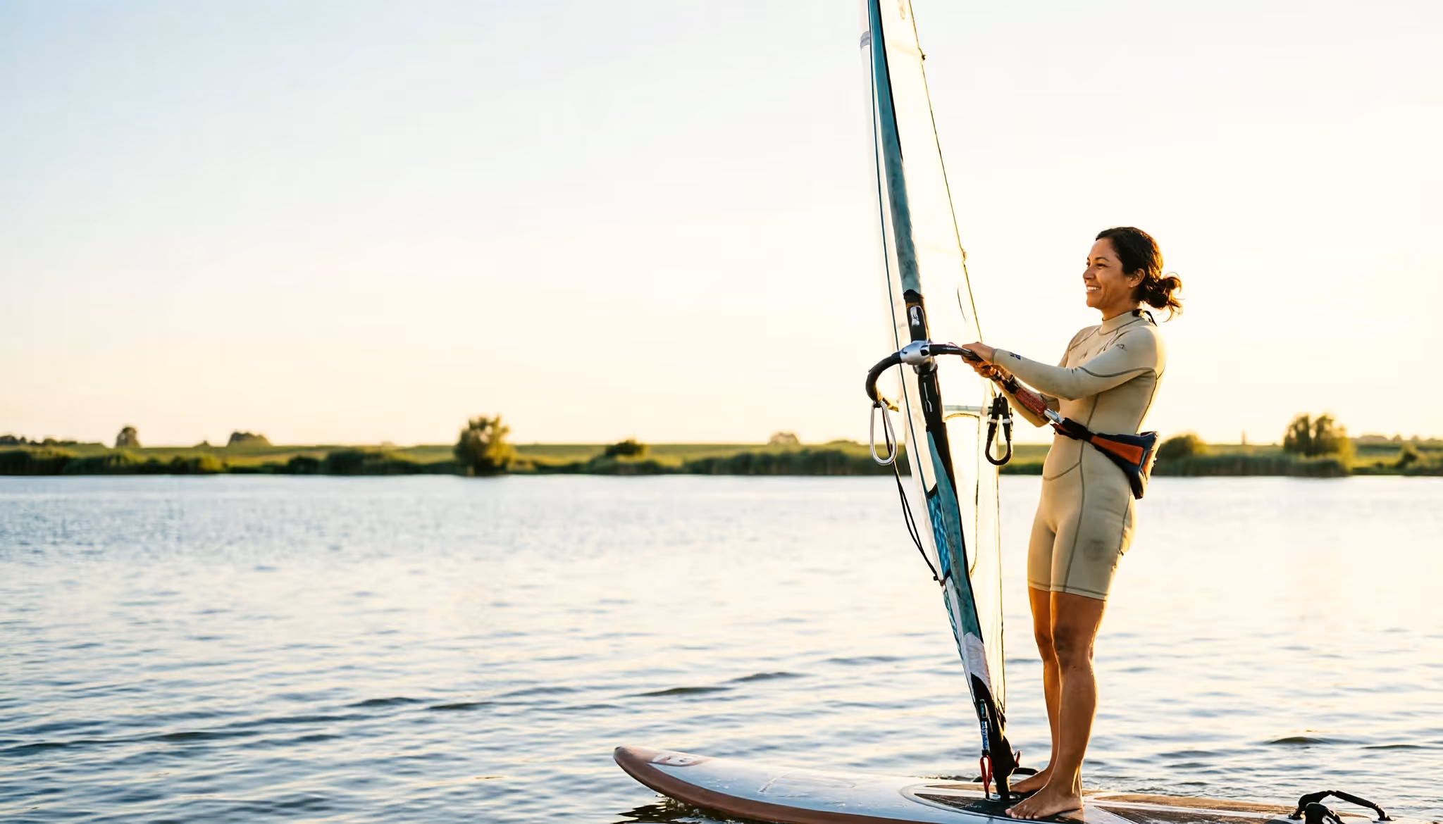 A woman windsurfs at an easy glide across a calm Dutch lake in warm afternoon light