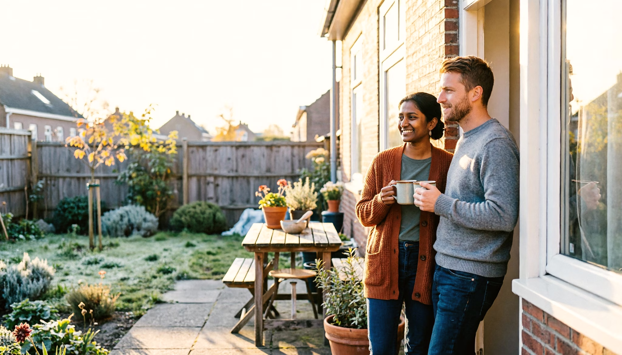 Een stel begin dertig staat met een mok koffie bij de openstaande achterdeur van hun huis, uitkijkend over de zonnige tuin.