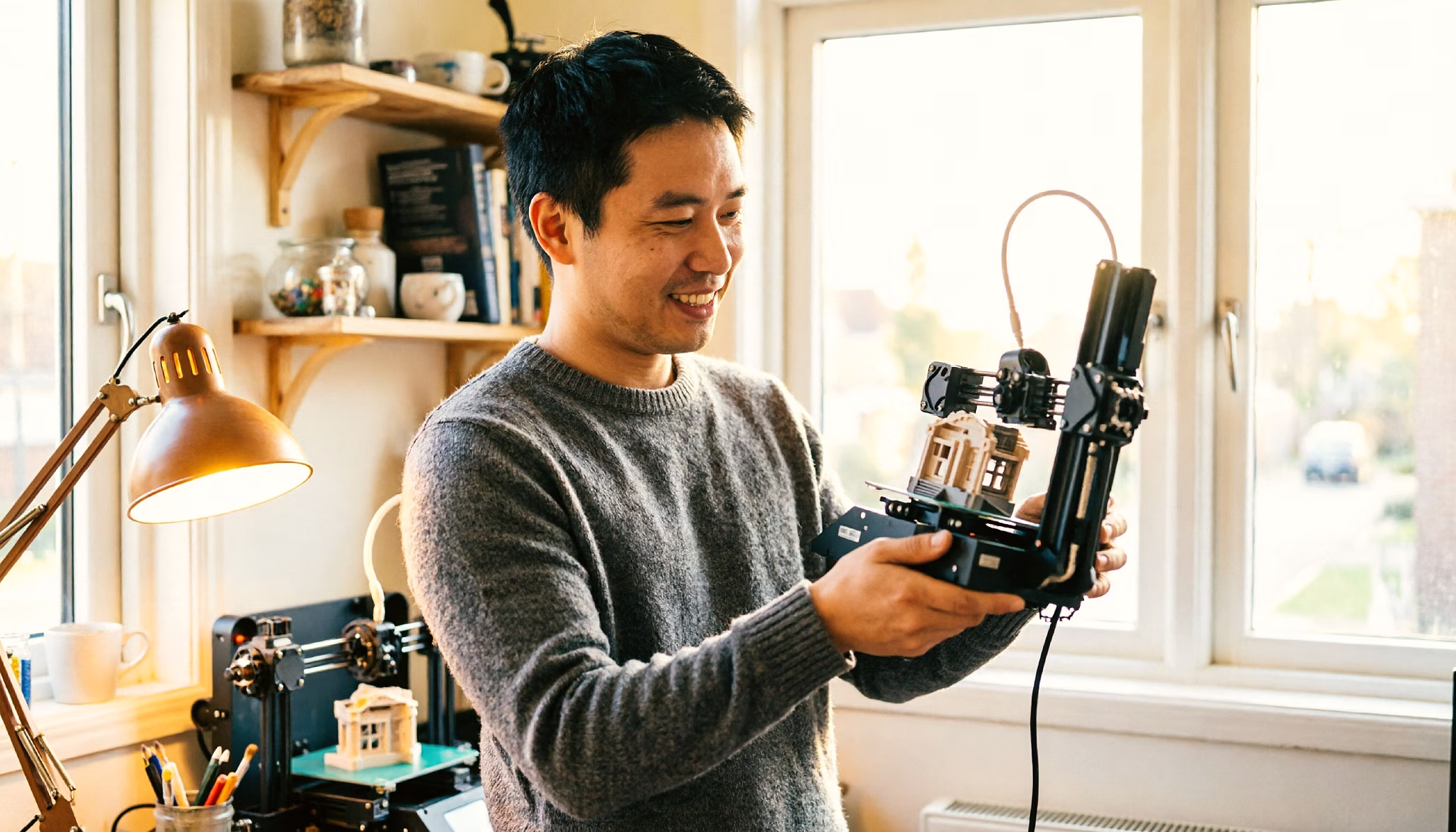 Een jonge hobbyist haalt een vers geprint model uit een 3D-printer thuis