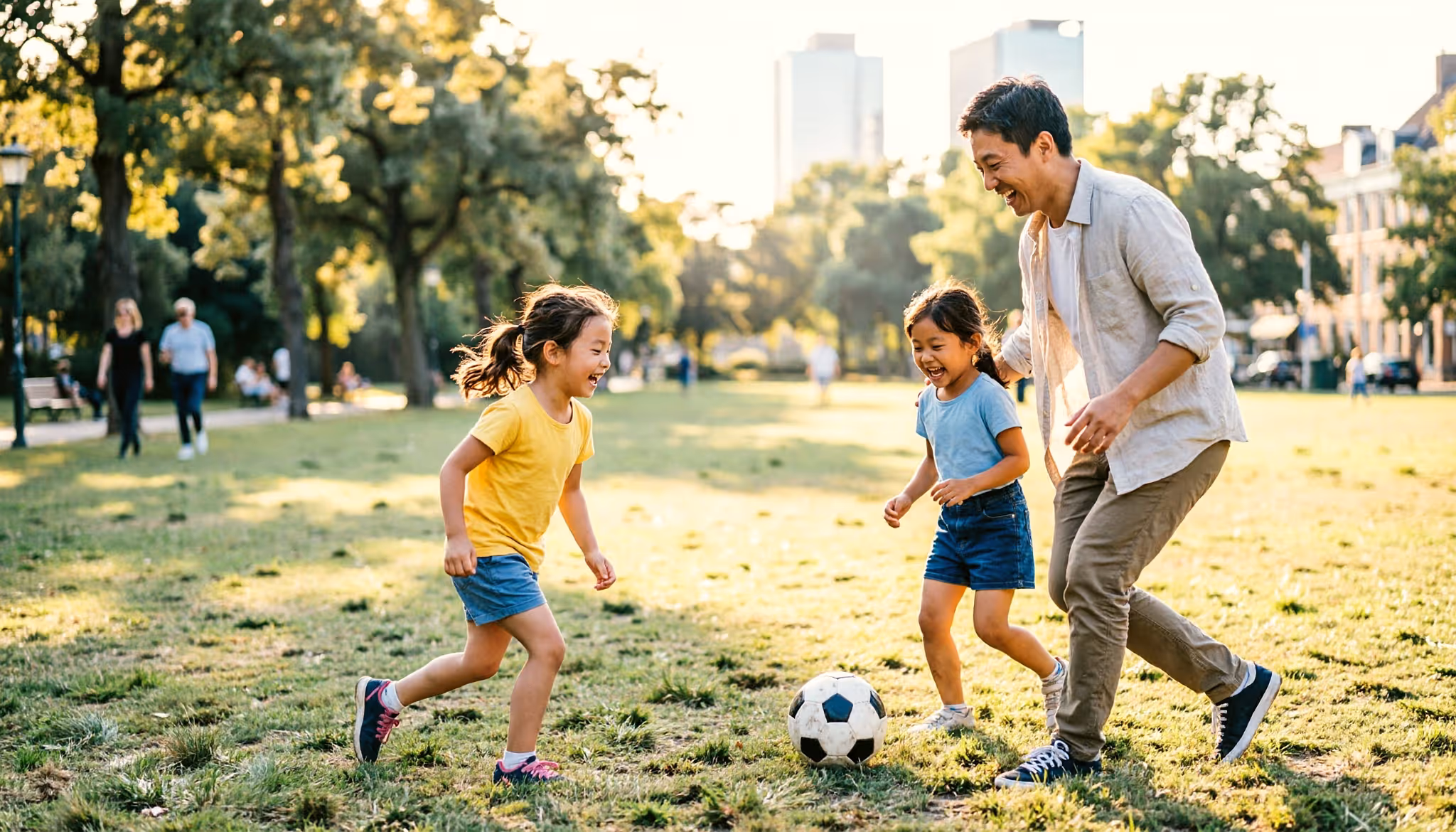 Vader en zijn jonge dochter voetballen samen in een zonnig Nederlands park