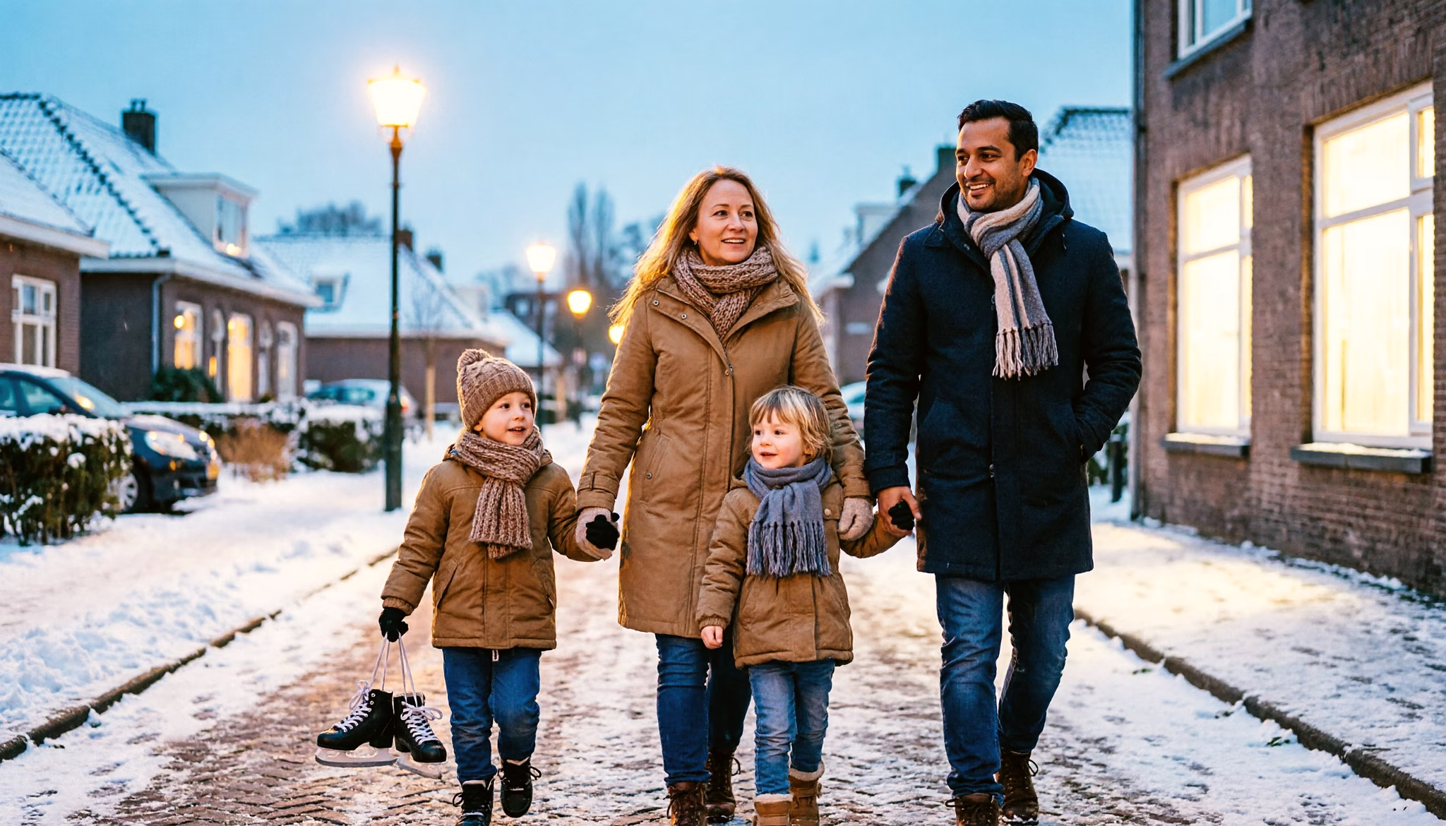 Een gezin van vier loopt op een winteravond samen naar huis na het schaatsen