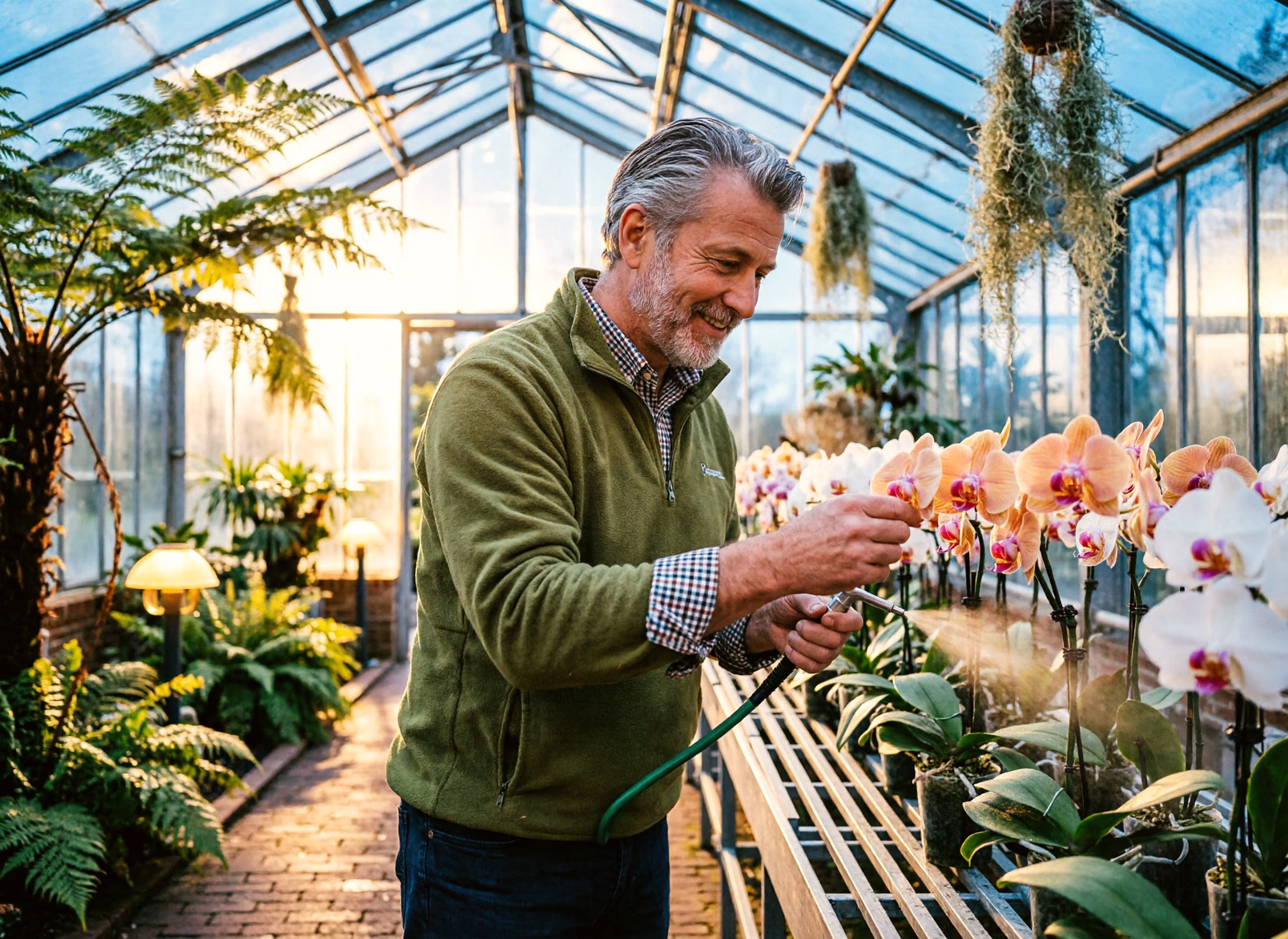 Een man besproeit in zijn eentje een rij orchideeën in de kas van een Nederlandse hortus in de schemering