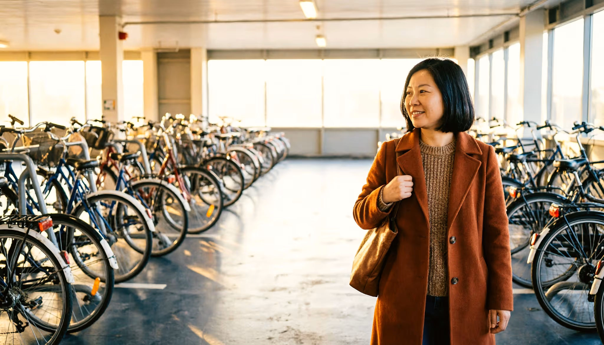 A woman leaves the bicycle garage under a Dutch station, bag over her shoulder