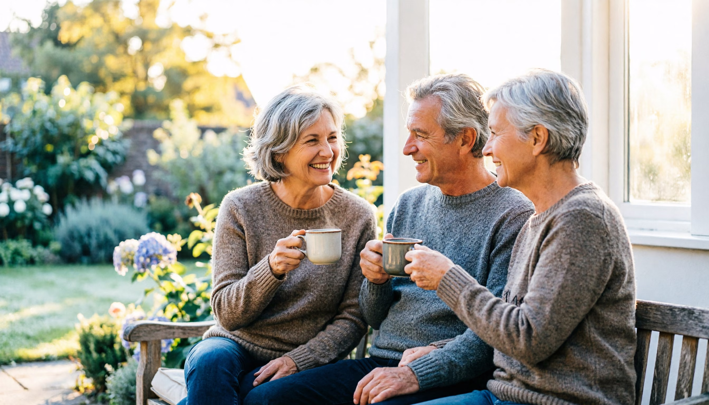 An older couple share a quiet coffee together on a garden bench in the morning light