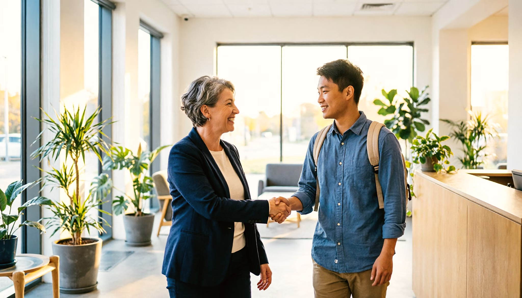 An HR manager warmly welcoming a new international colleague into the office, shaking hands and smiling