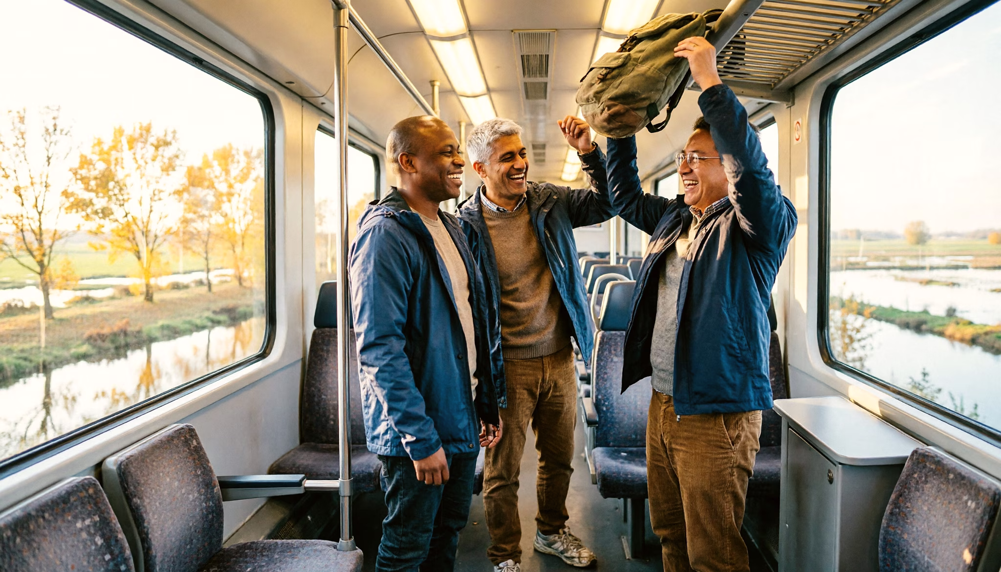 Drie vrienden staan samen in een trein op een herfstochtend, één tilt een rugzak van het bagagerek