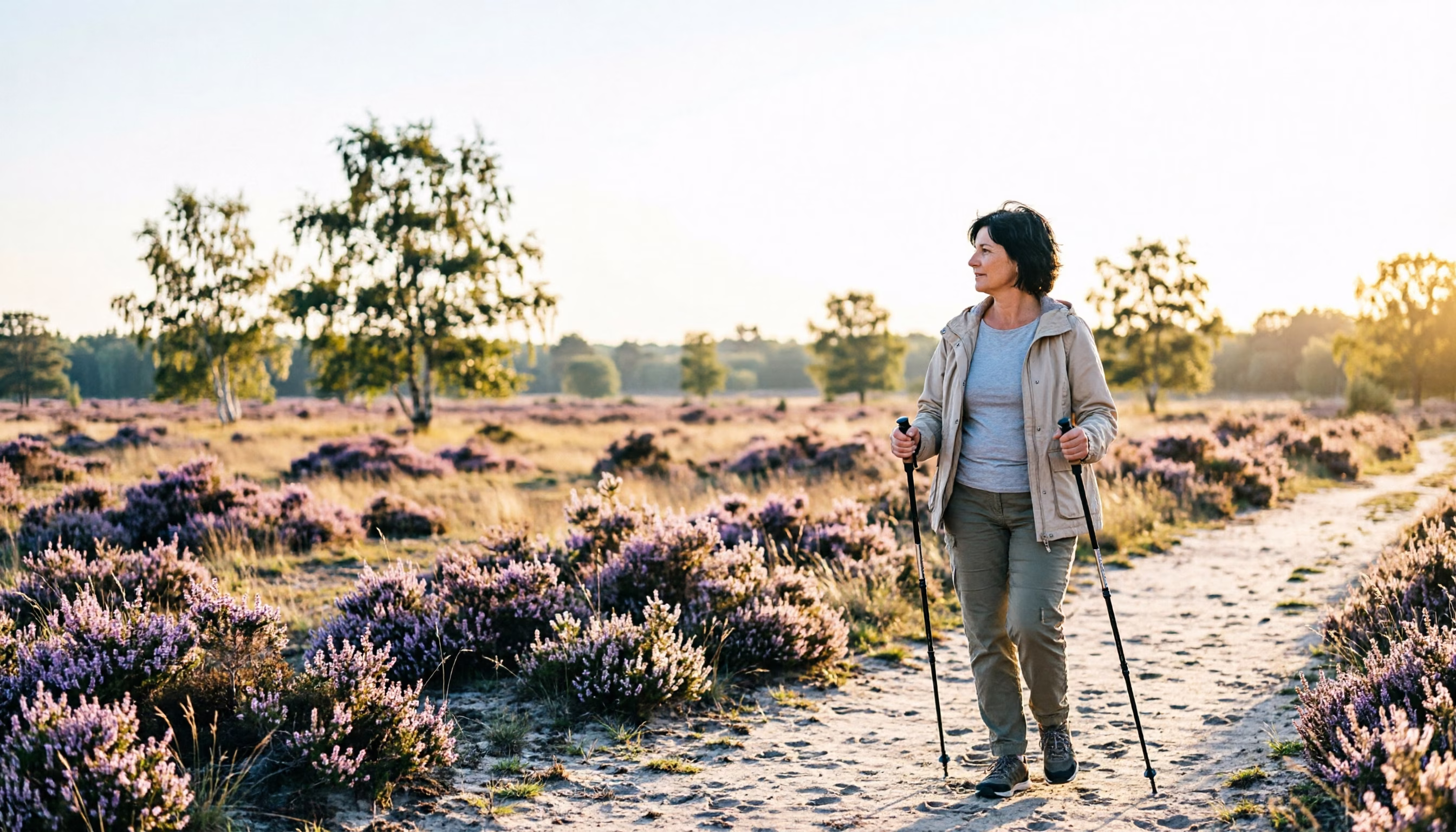 Een vrouw van begin vijftig wandelt met nordicwalkingstokken over de heide in het ochtendlicht
