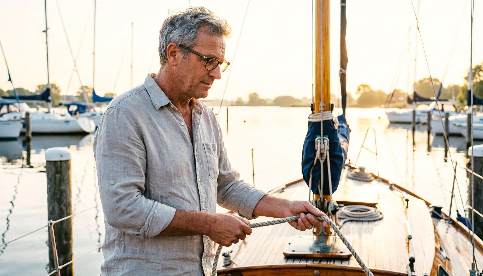 Een man van midden vijftig maakt zijn zeilbootje klaar aan een rustige Nederlandse steiger