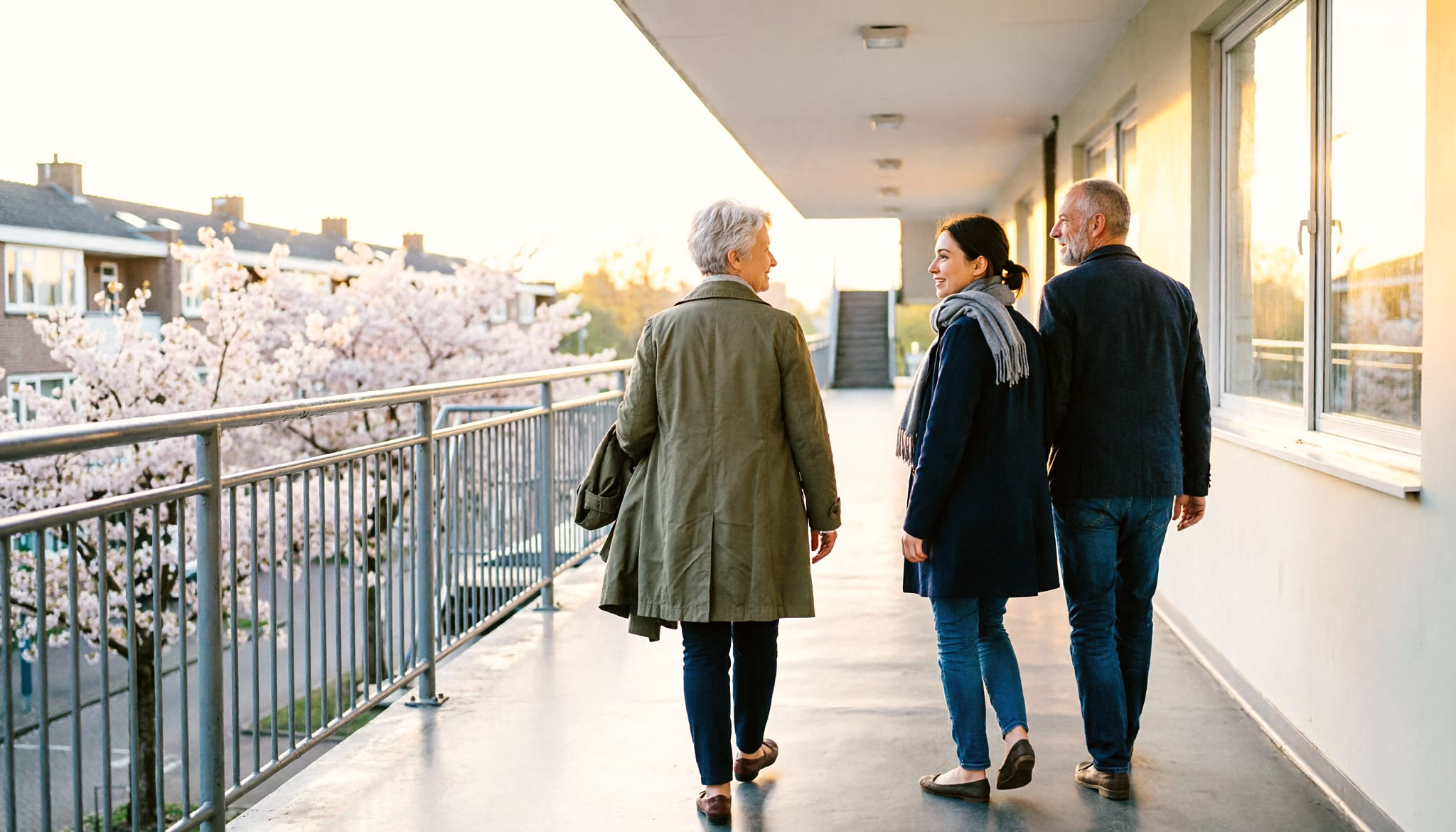 Een stel van in de zestig en hun volwassen dochter lopen samen over de galerij van een Nederlandse flat, vroeg in het voorjaar bij het eerste licht
