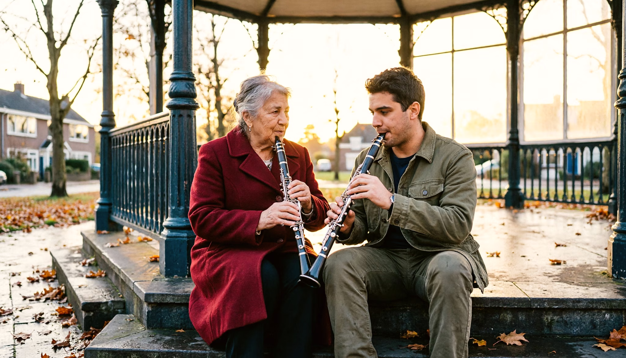 Een oma en haar volwassen kleinzoon zitten op de trap van een muziektent op een bewolkte herfstmiddag. Hij speelt een paar noten op een klarinet en zij luistert.