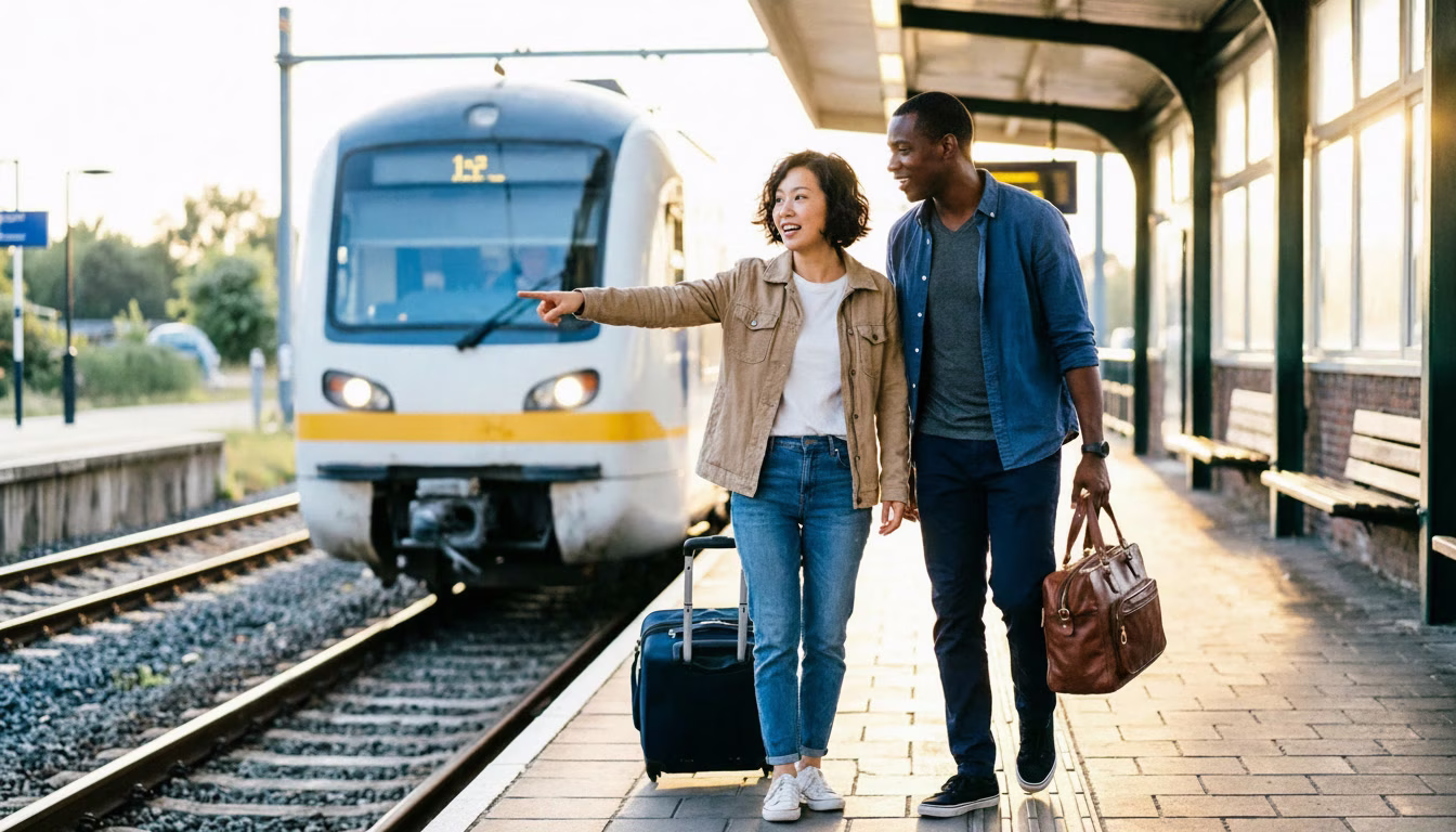 Een stel stapt met weekendtassen het perron op, klaar voor een weekendje weg