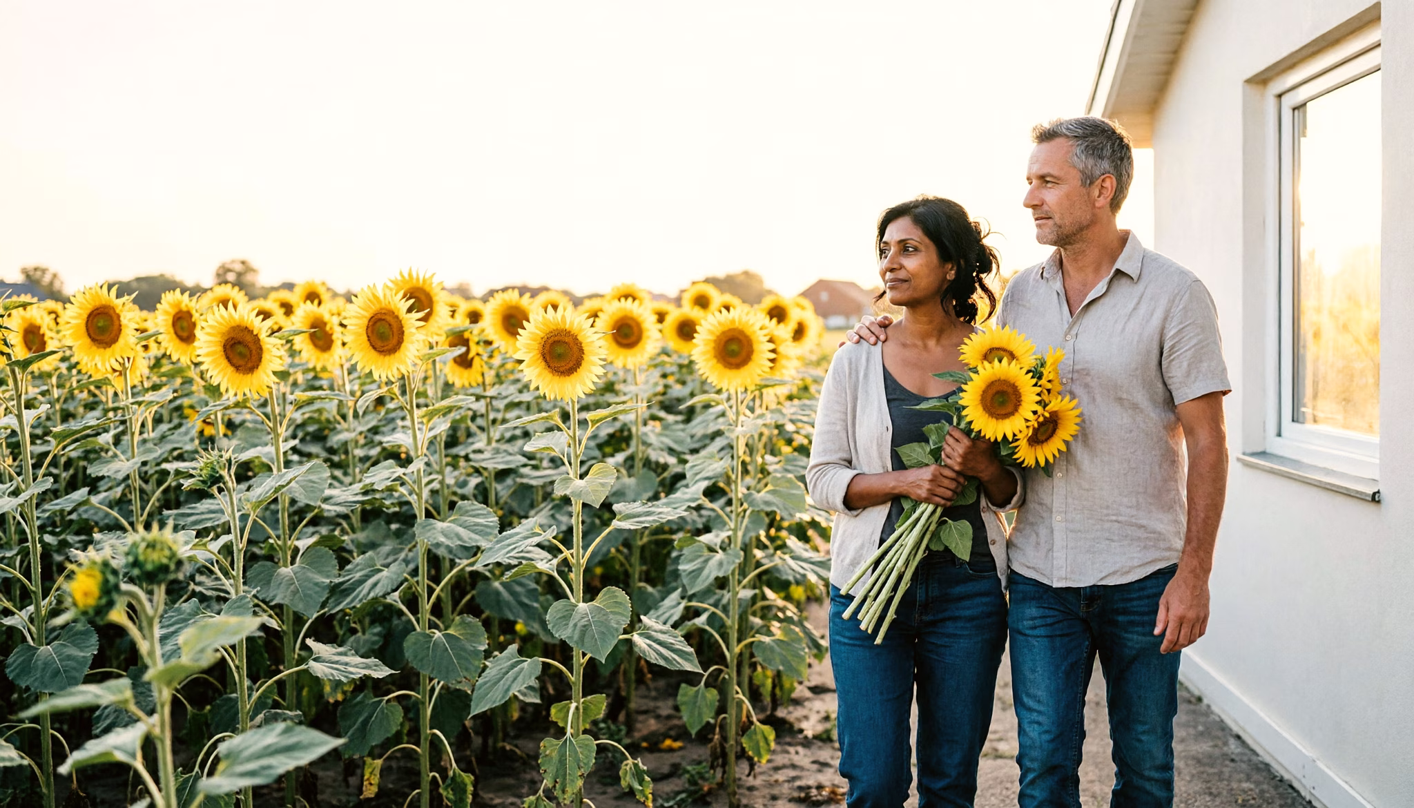 Een stel loopt met een bos zonnebloemen uit een pluktuin vol zonnebloemen