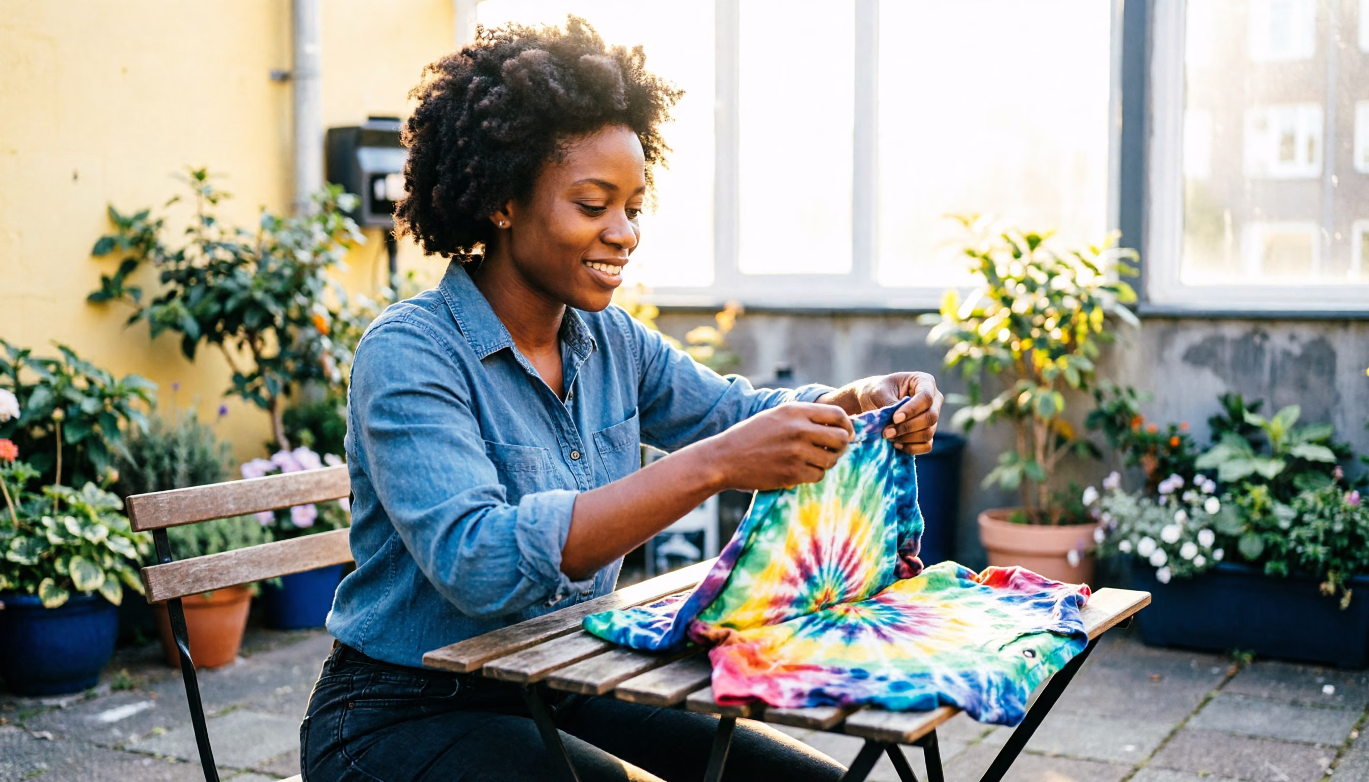 Een vrouw verft een shirt met tie-dye aan een tafel in haar zonnige stadstuin