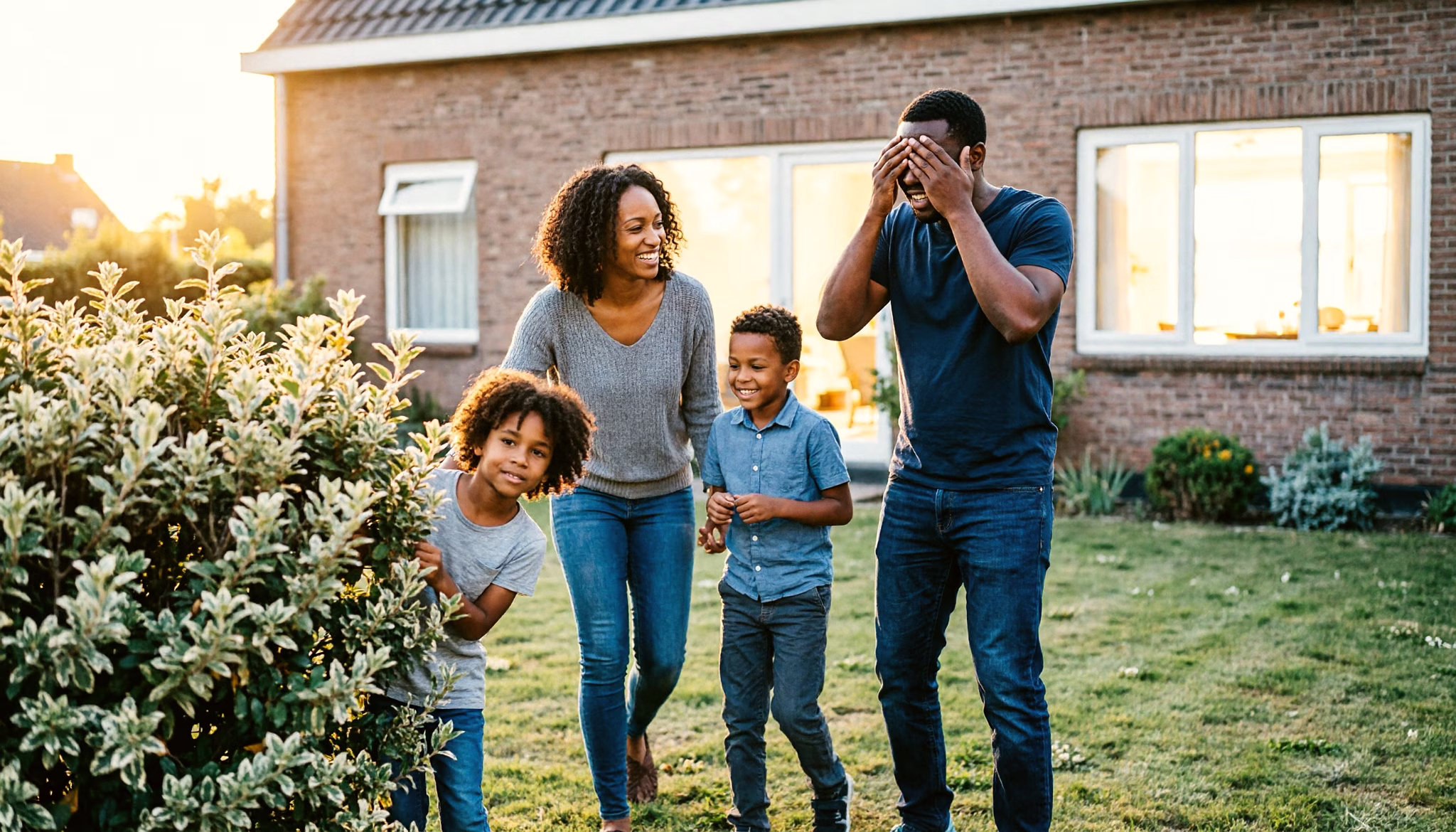 Een gezin speelt verstoppertje in de tuin bij hun uitgebouwde woning