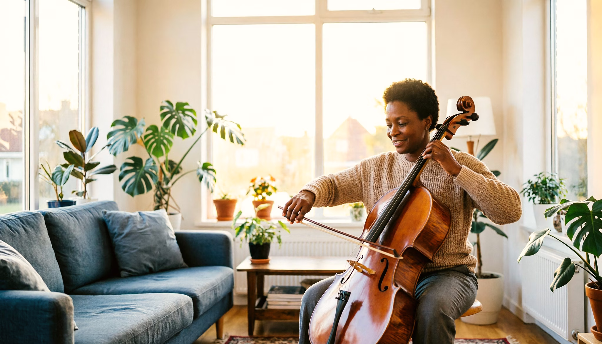 Een vrouw van eind veertig speelt cello in een lichte woonkamer vol planten.
